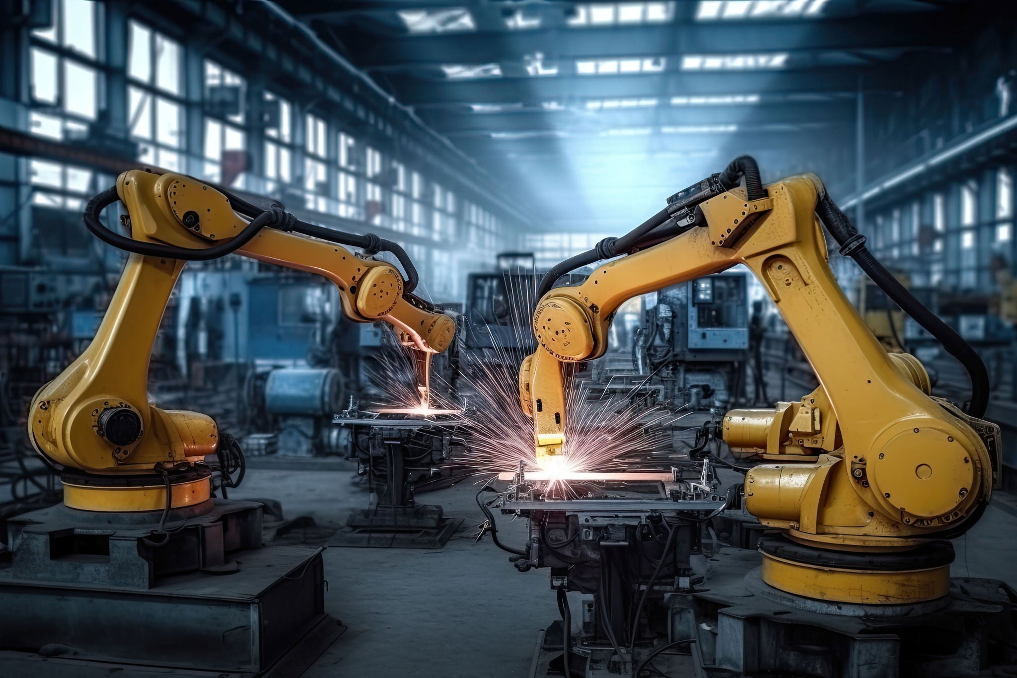 Automated robotic arms in manufacturing plant with heavy machinery, and production process to reduce costs while maintaining quality in the supply chain