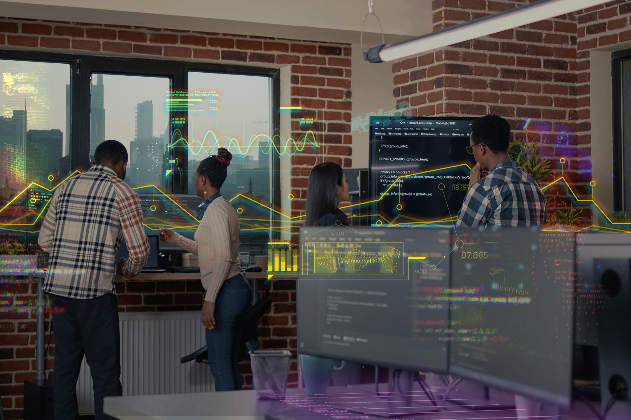 System developers analyzing code on wall screen tv looking for errors while team of coders collaborate on artificial intelligence project. Programmers working together at machine learning software.