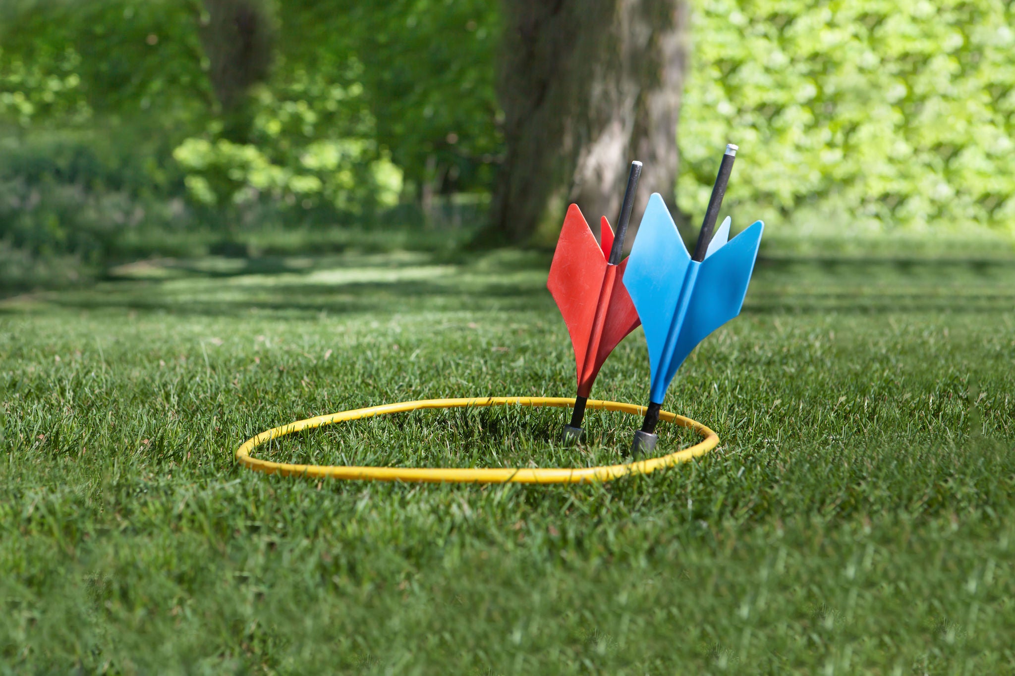a shot of some vintage lawn darts somtimes called JARTS. One of each  color inside the yellow ring in a back yard setting.