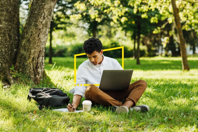Man using laptop in park frame