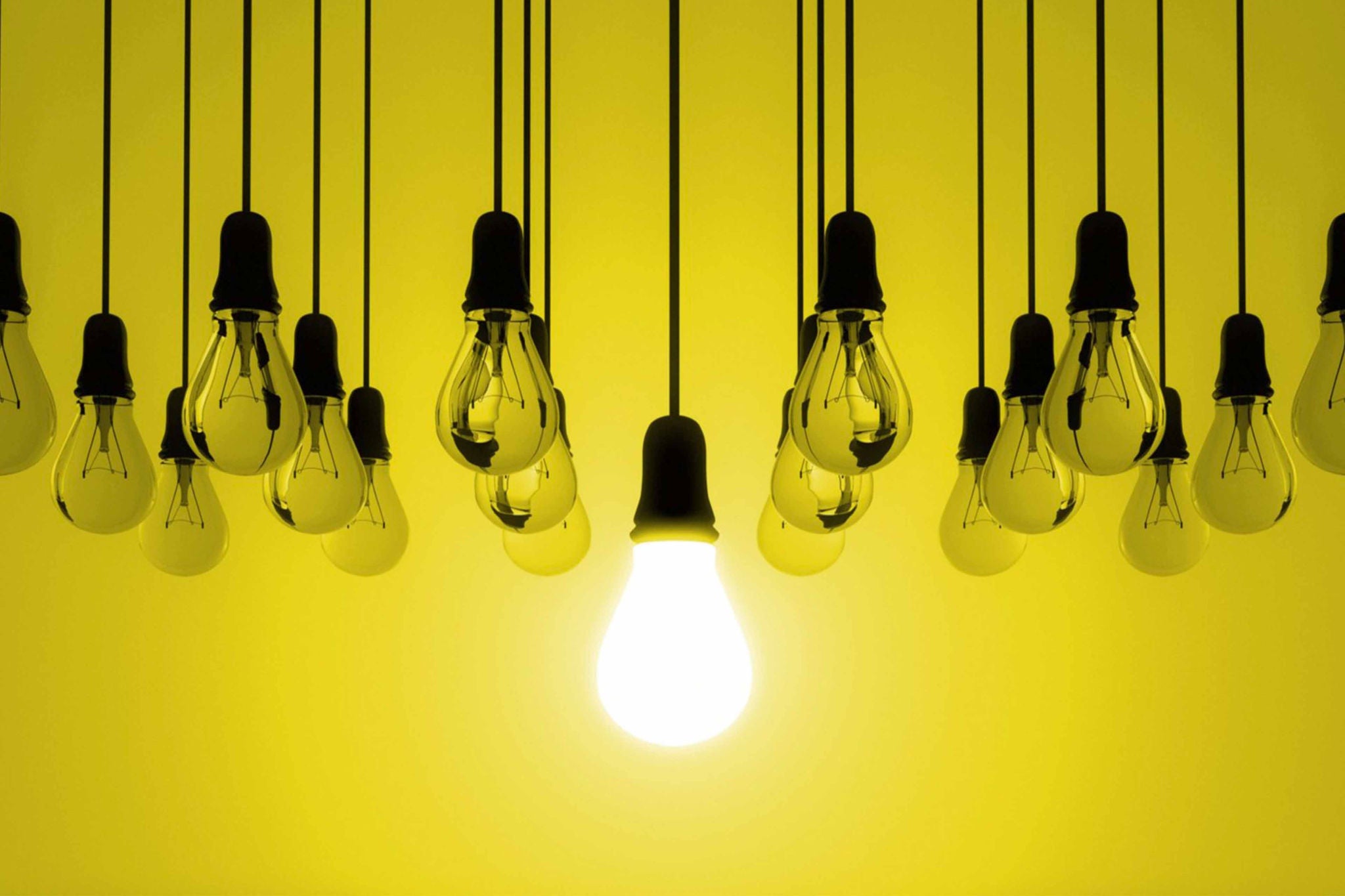 Bulbs with one in the spotlight against a yellow background