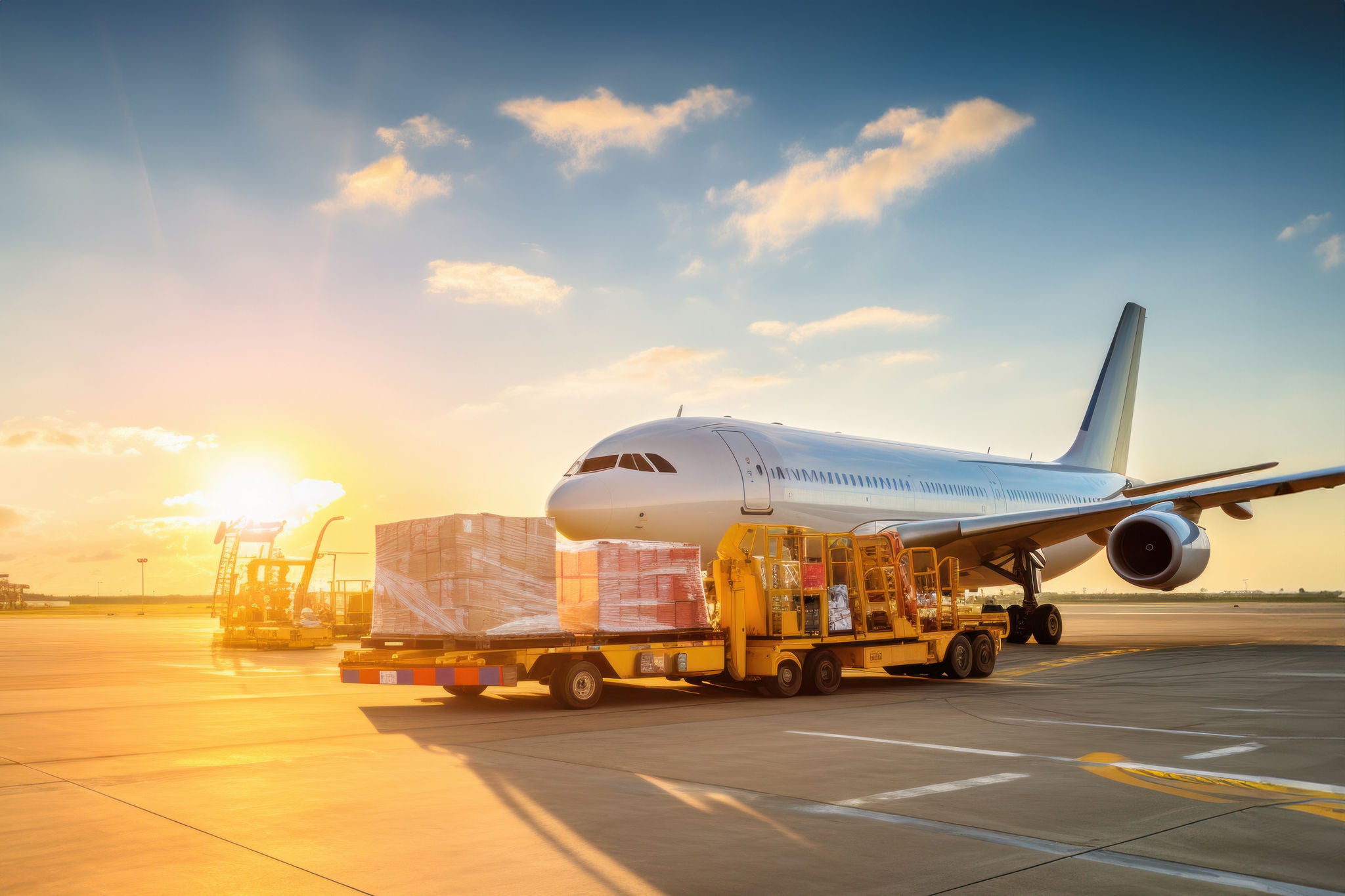 Air cargo freighter Logistics import export goods of freight global, Process of handling, Luggage loading with high loader at the Airport.