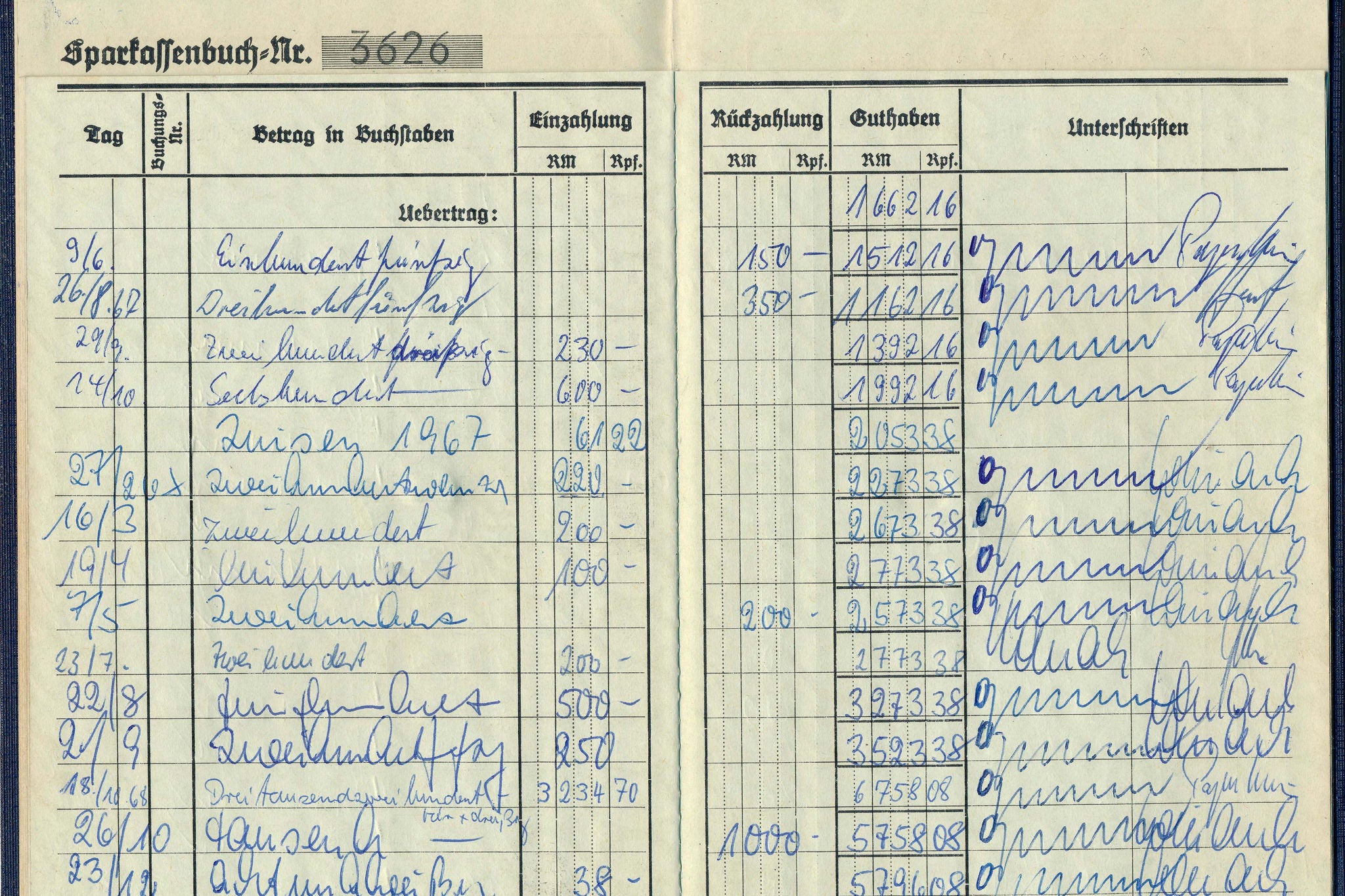 Sparbuch fuer den Zeitraum 1967 bis 1968 einer Sparkasse in Deutschland