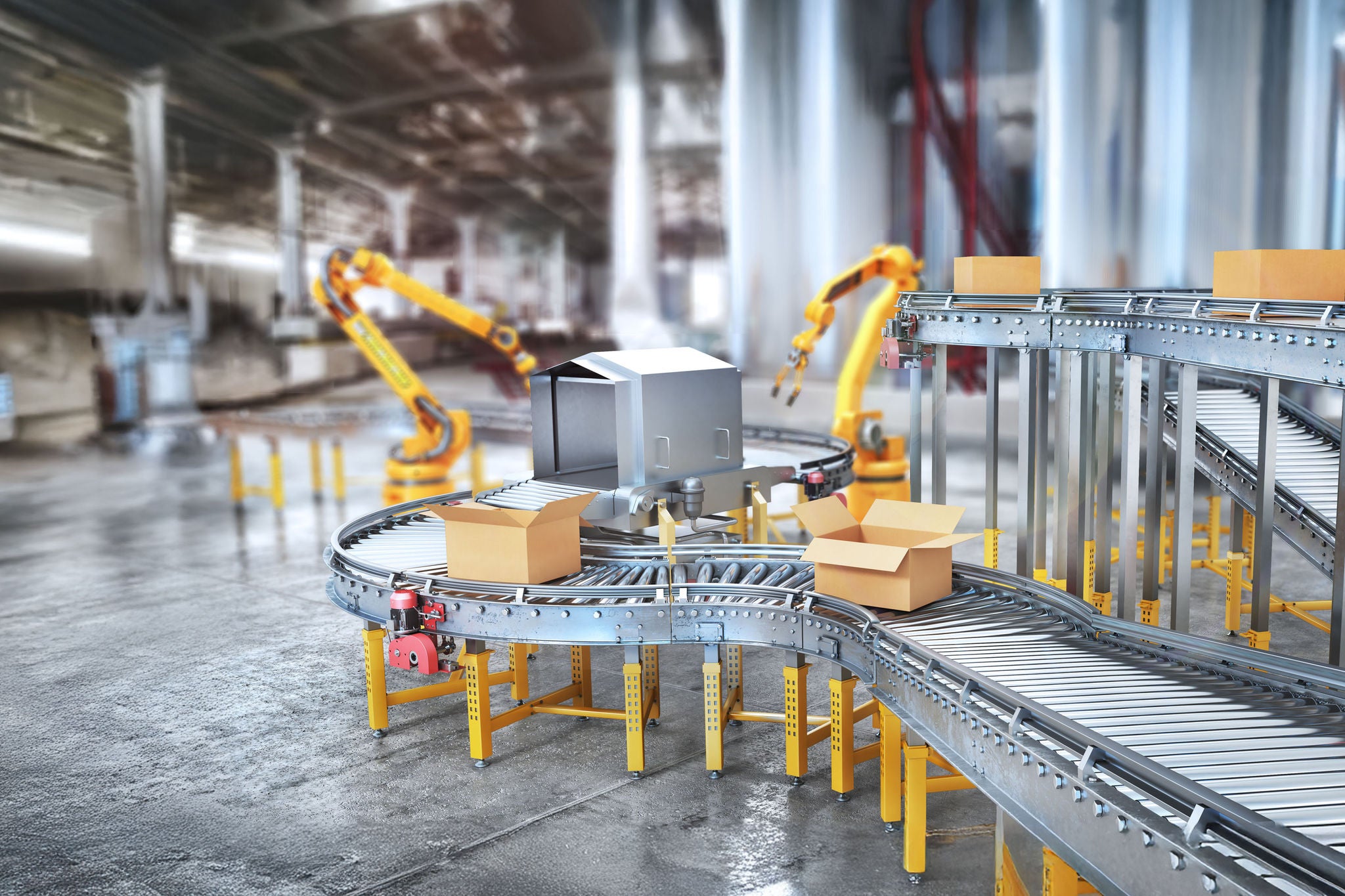 Blank conveyors on a blurred factory background