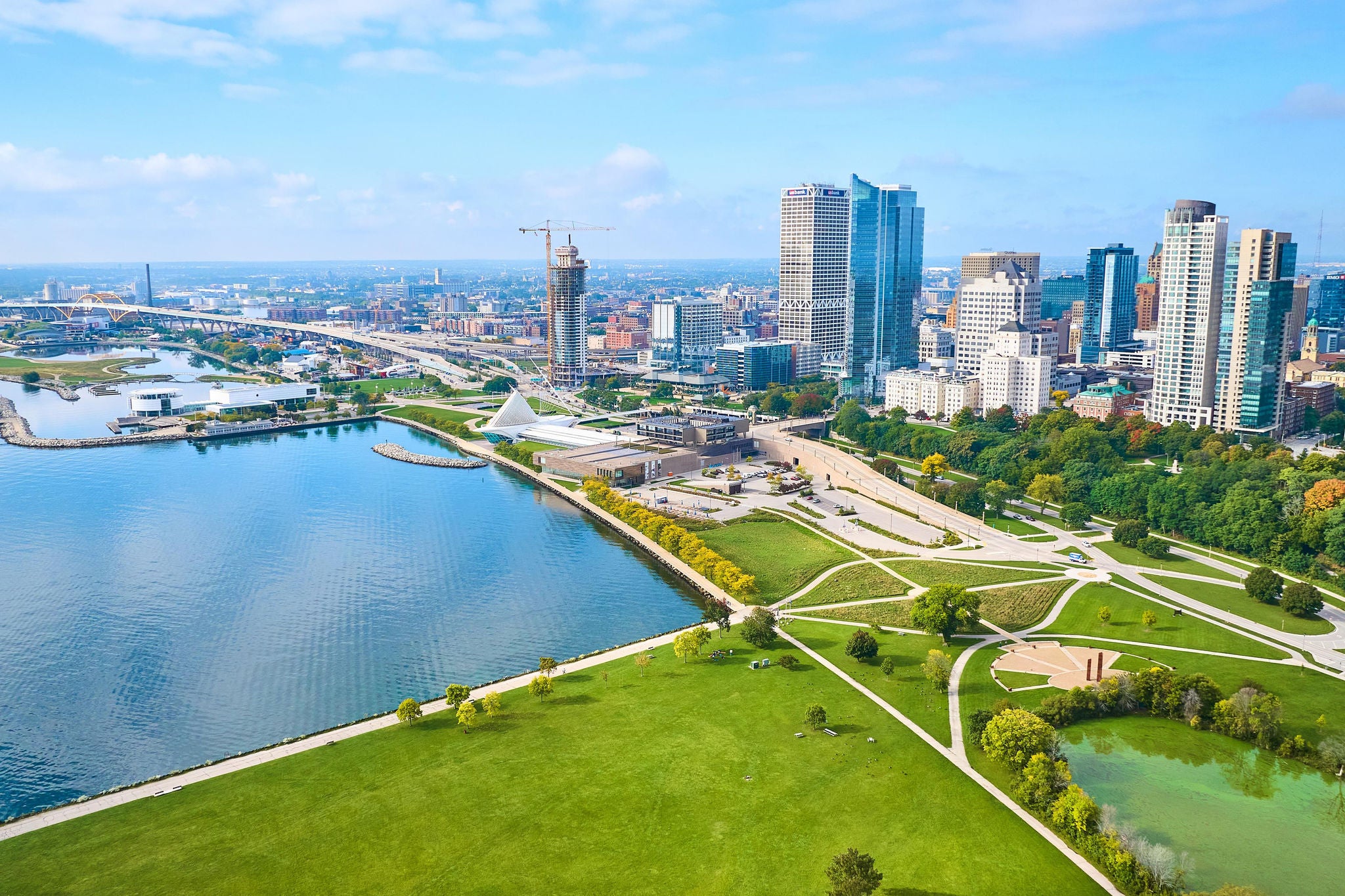 Drone view of Milwaukee's city lanscape