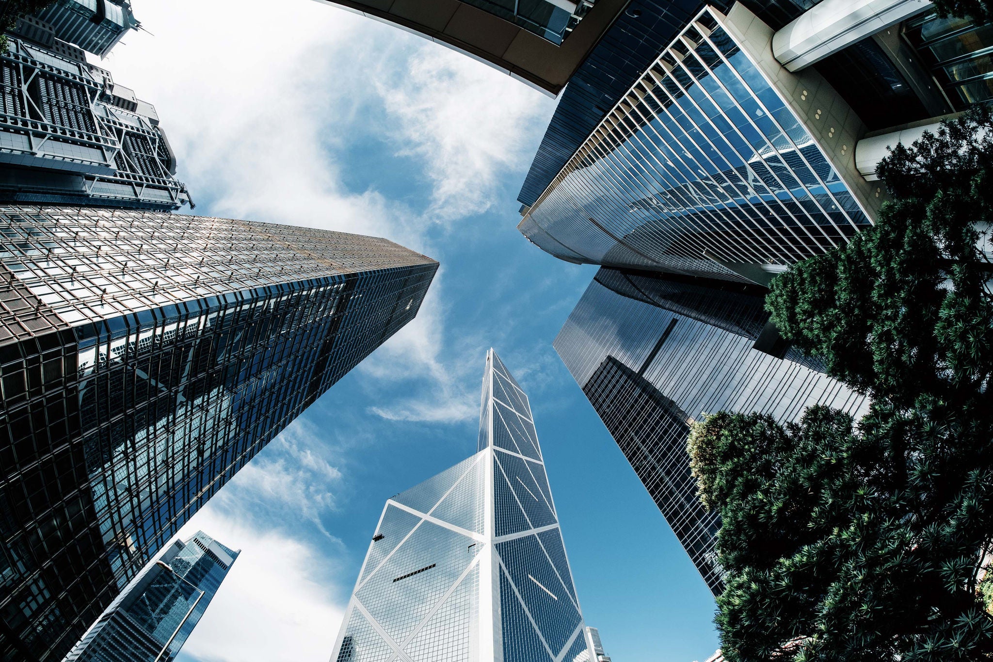 Low angle view of contemporary corporate skyscrapers