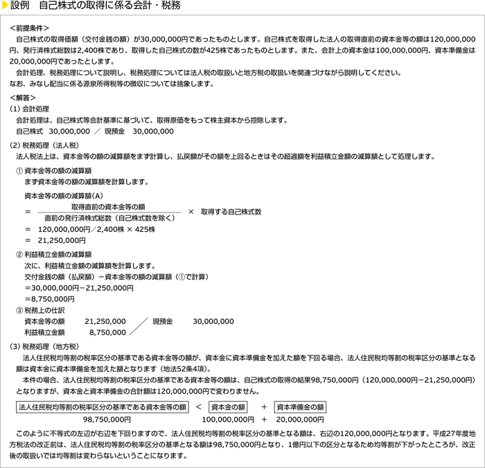 設例　自己株式の取得に係る会計・税務