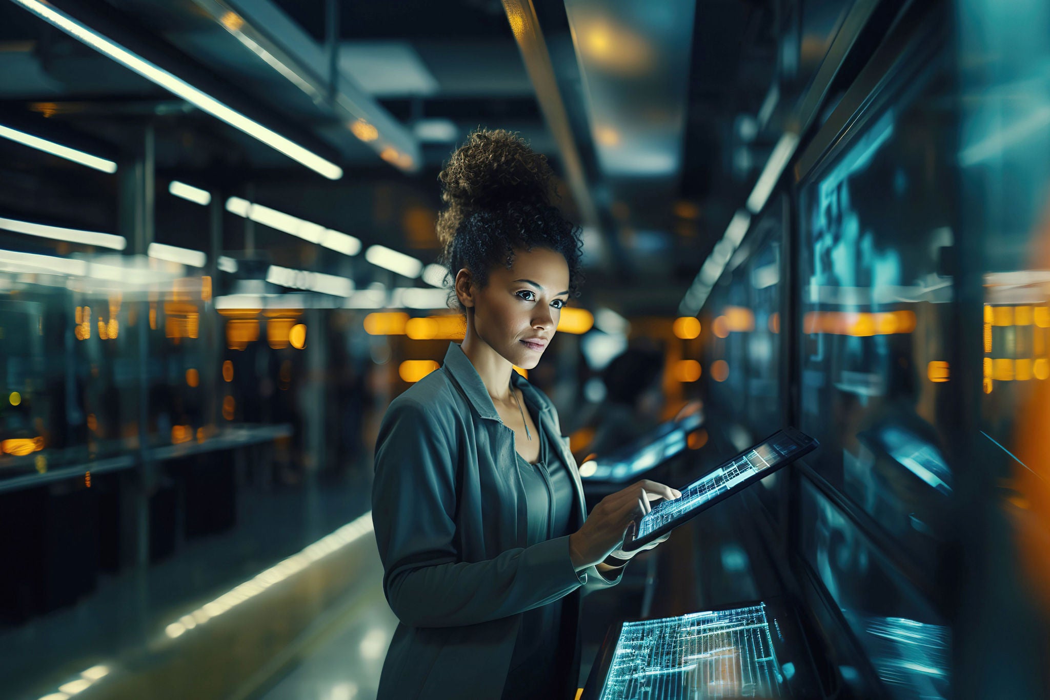 Black female, Chief Technology Officer, using a tablet standing in Big Data Center