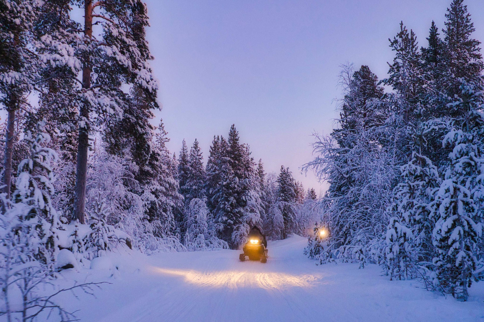 Eide in a snowmobile through the snowy landscape