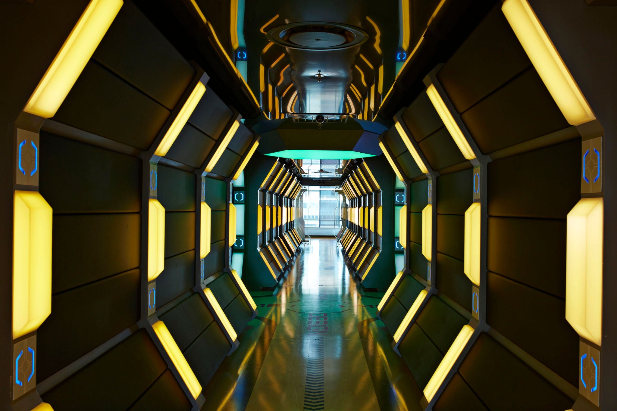 Interior shots of modern designed spaceship style corridor in office building