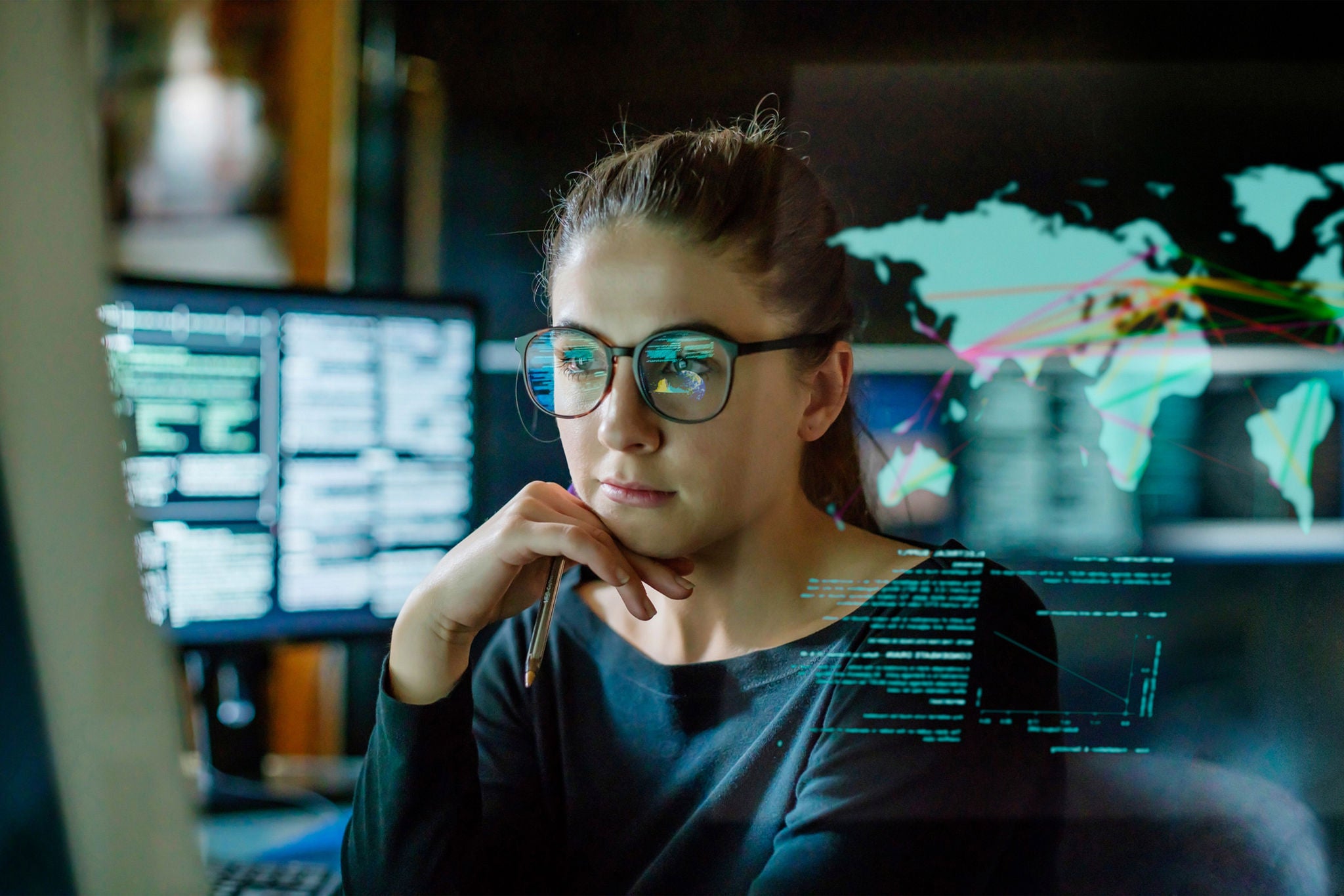 woman in a dark office