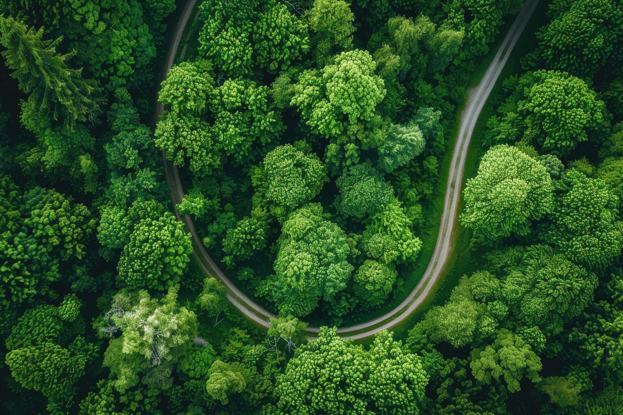 Vogelperspektive eines grünen Waldes mit schlangenartigem Pfad, der Naturpracht und nachhaltige ESG-Prinzipien zeigt.