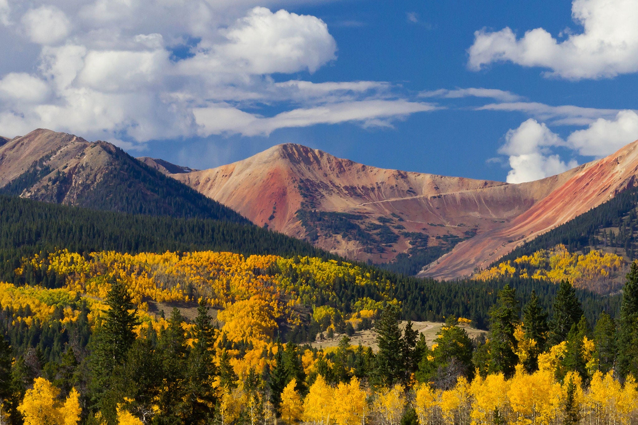 Panoramic landscape of the Colorado Rocky Mountains in Fall