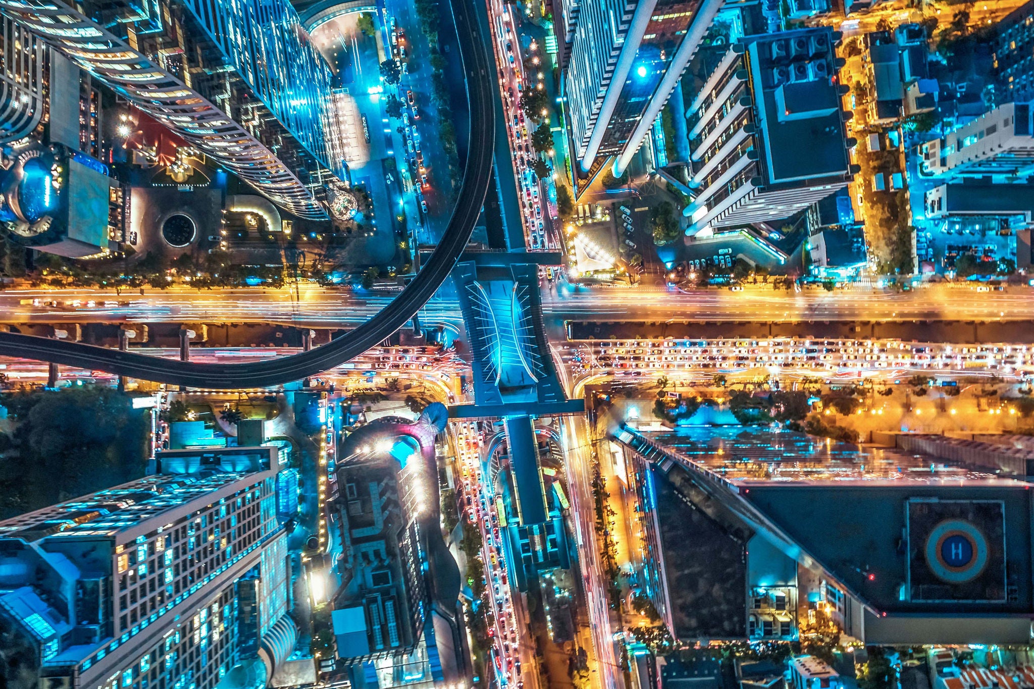 Aerial city night traffic