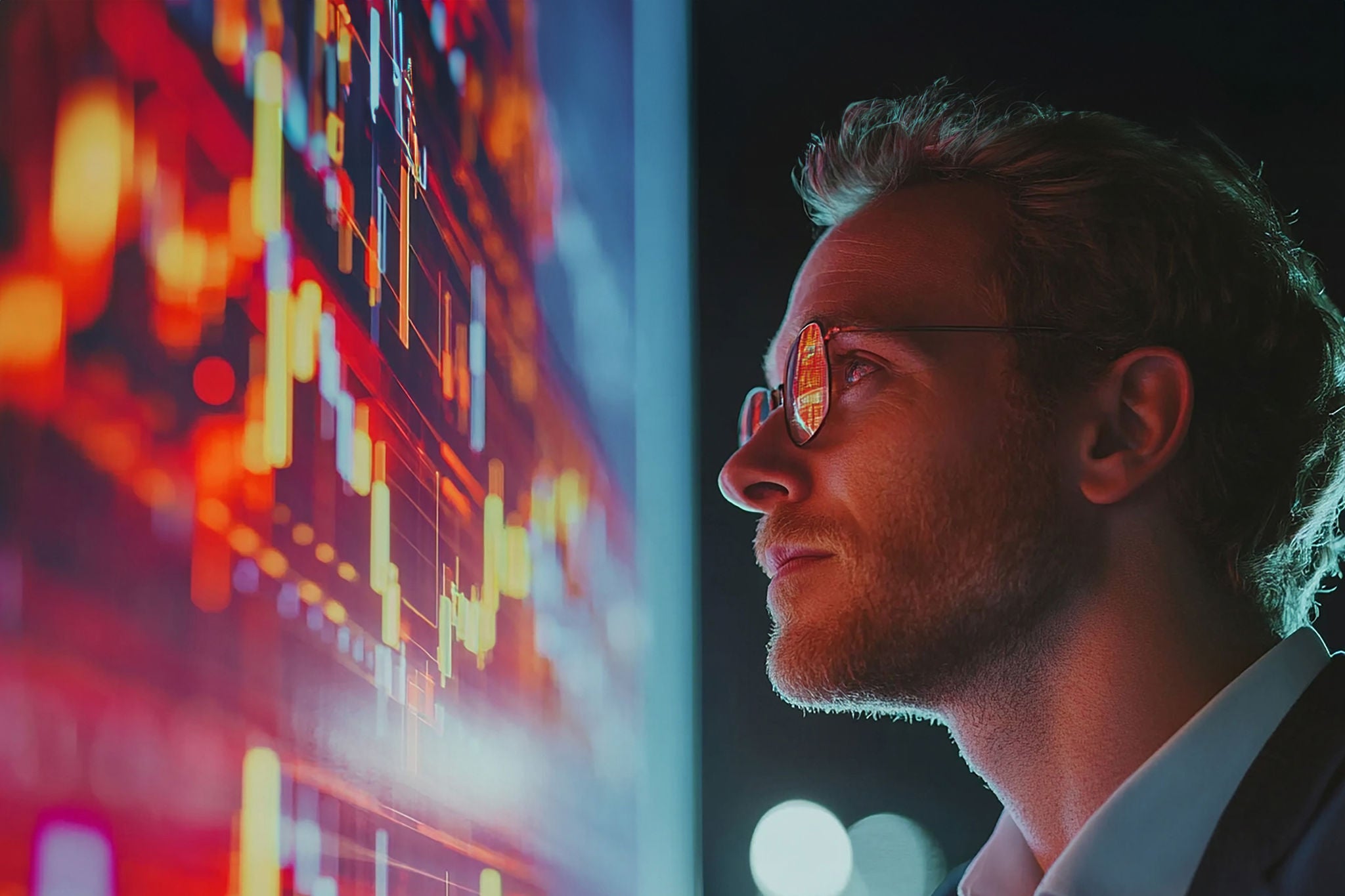 Businessman working with a financial advisor using detailed data visualization market analysis.