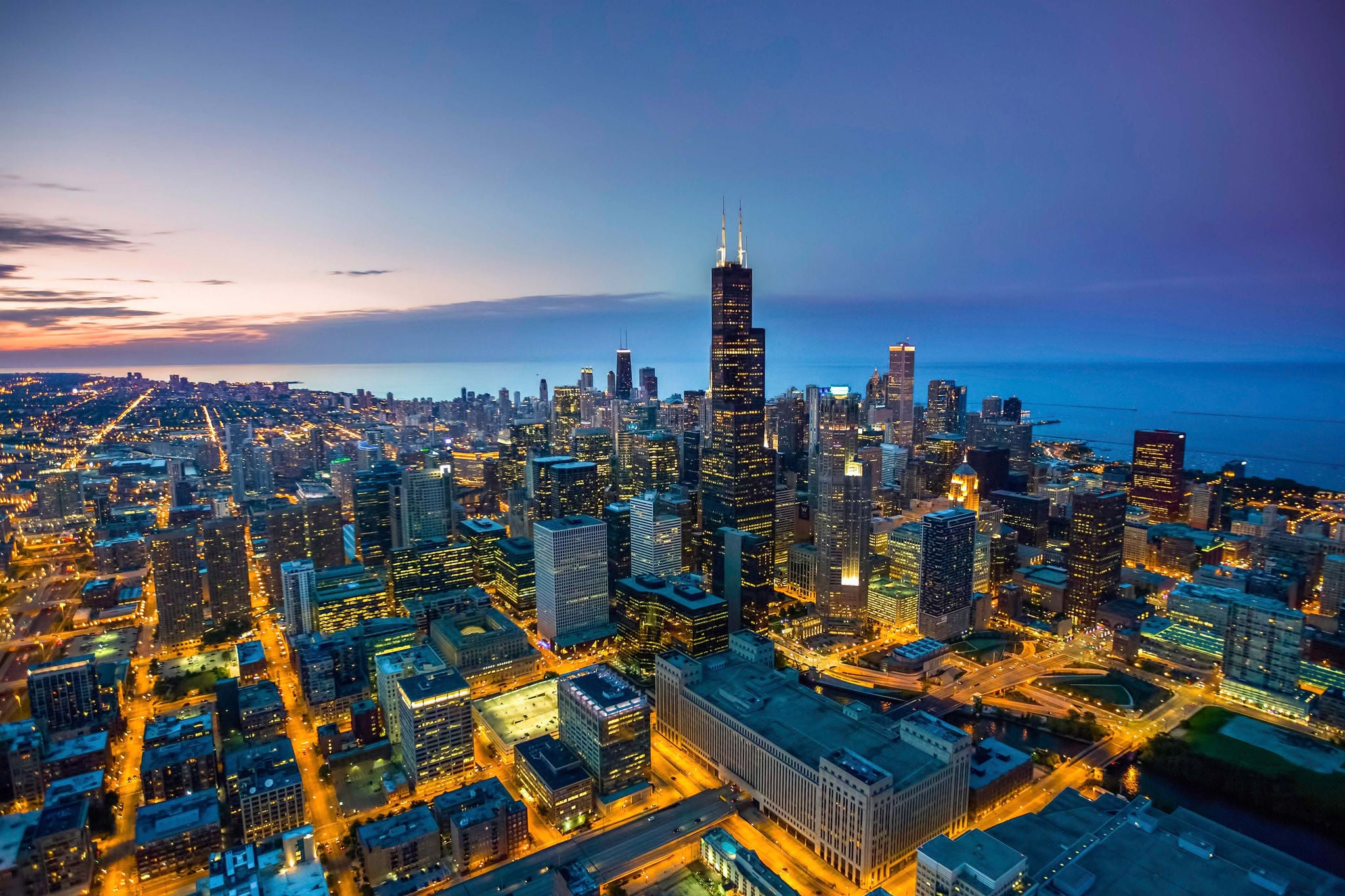 Chicago skyline aerial view at dusk