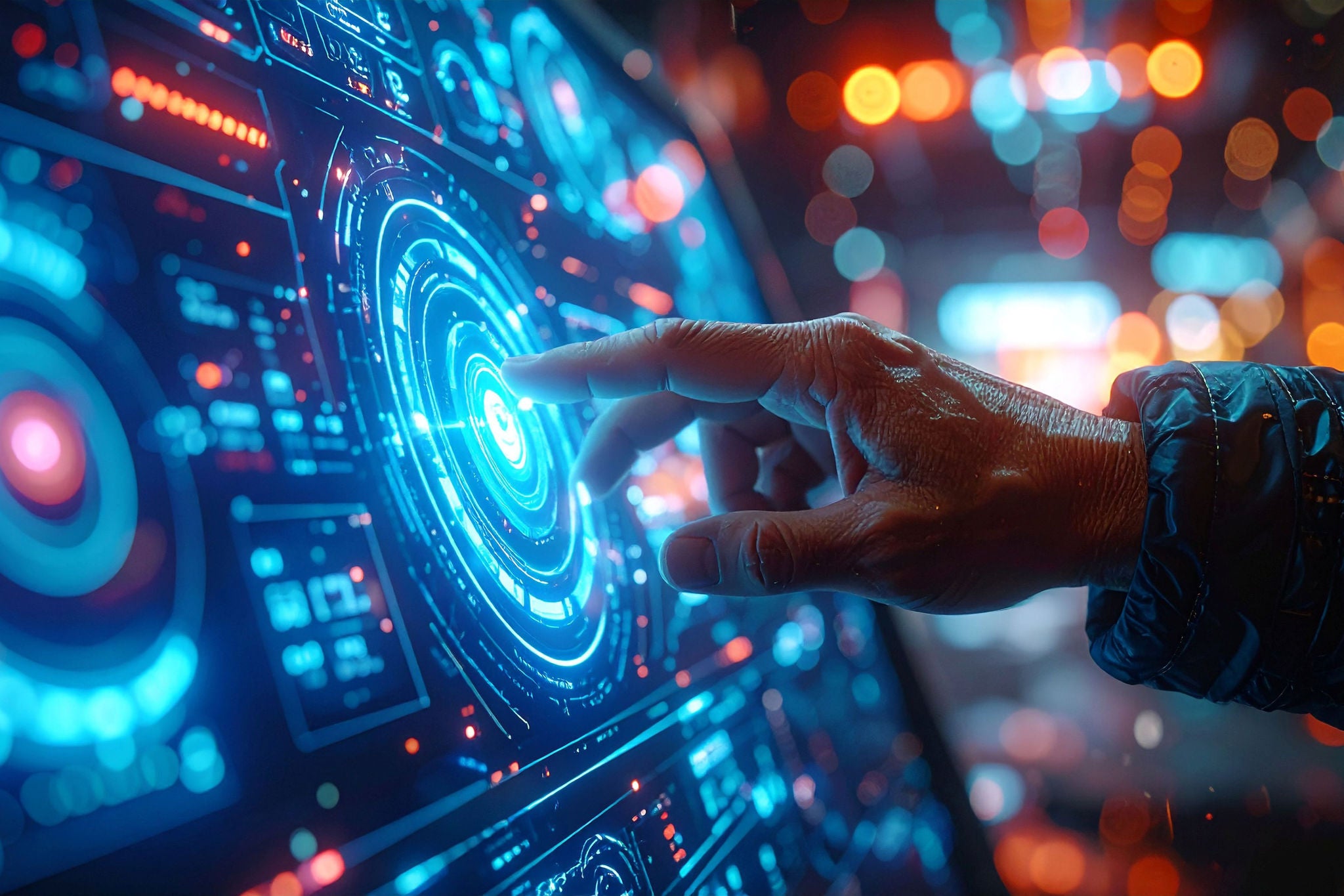 Hand berührt ein leuchtendes, digitales Interface mit futuristischen Datenanzeig