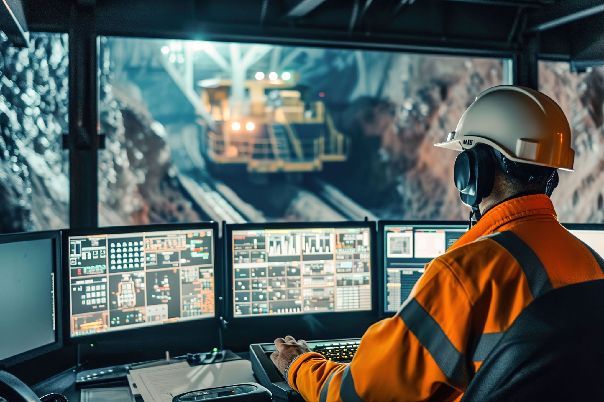 Digital control center in mine overseeing real-time data for optimized operations of mining technology.