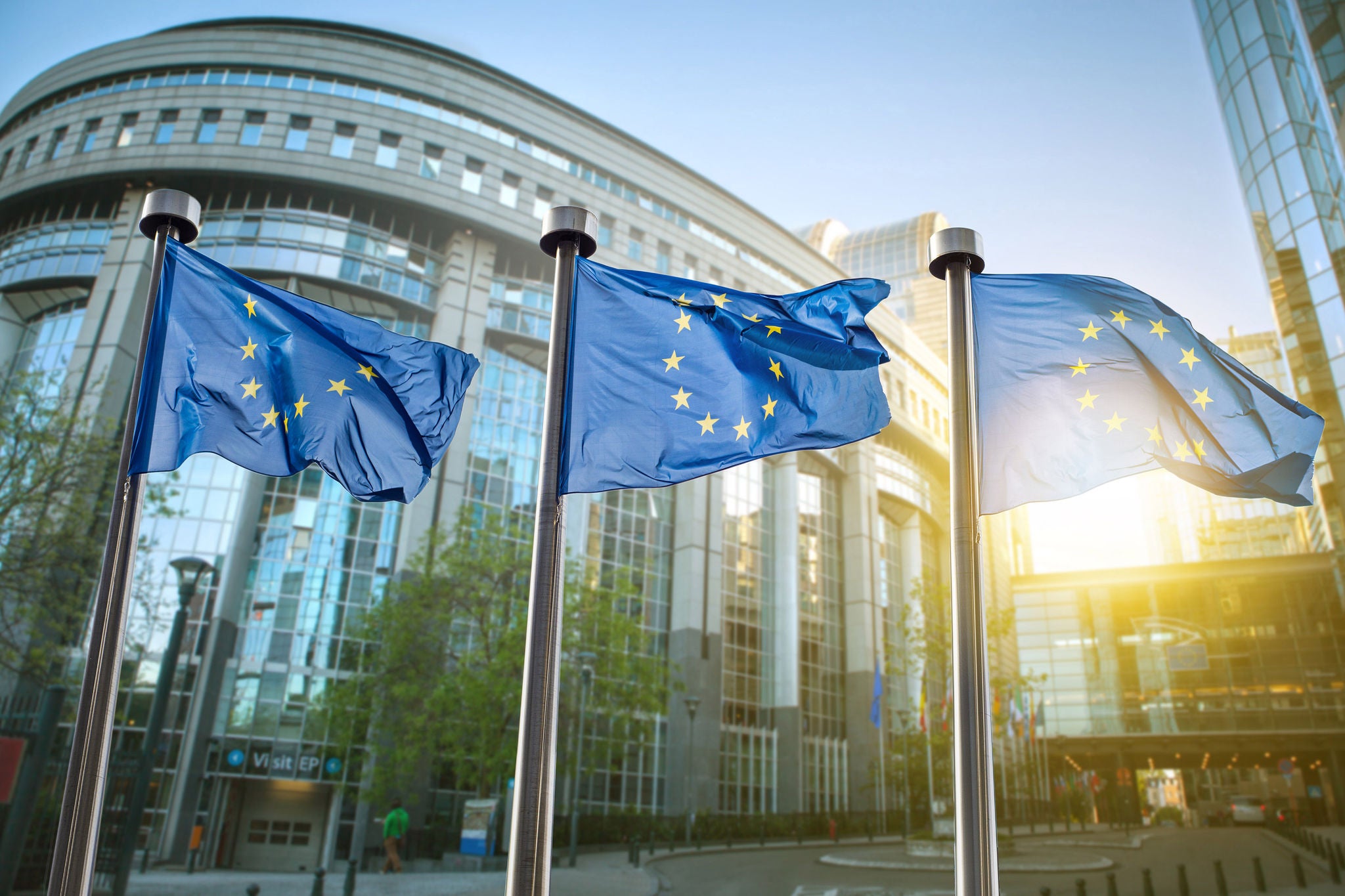 European union flag against parliament in Brussels, Belgium