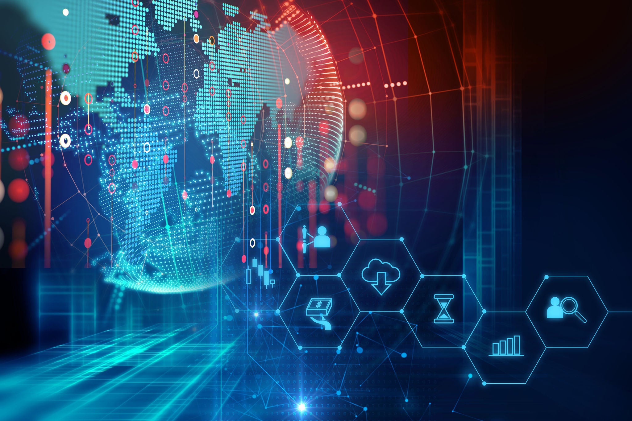 Fondo tecnológico abstracto en el que se puede ver un planeta con conexiones y elementos gráficos