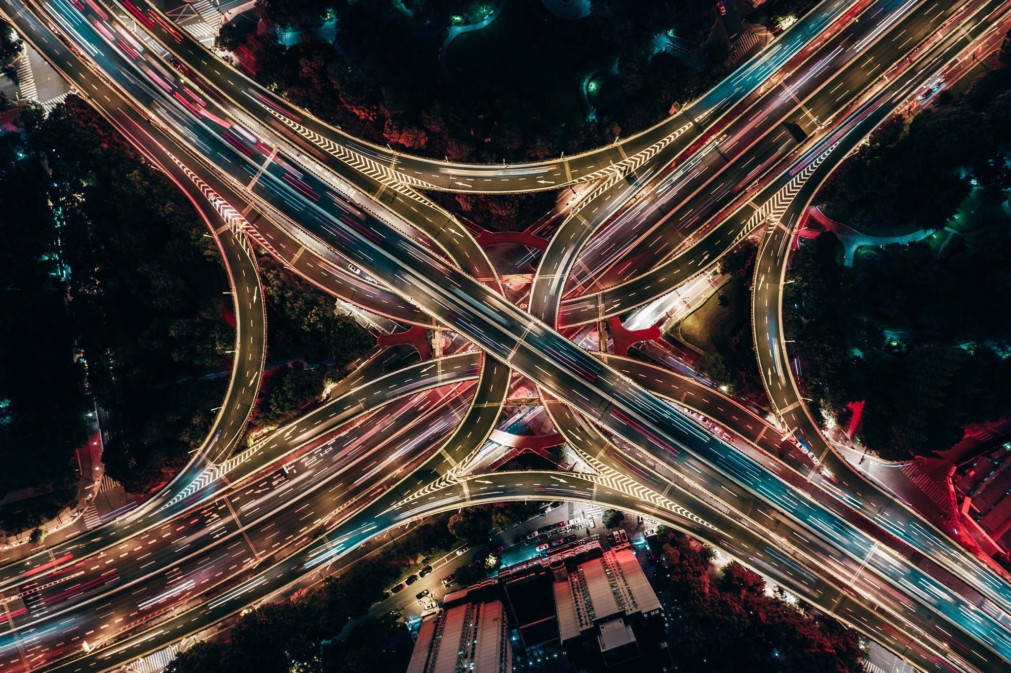 Drone Point View of Overpass and City Traffic at Night