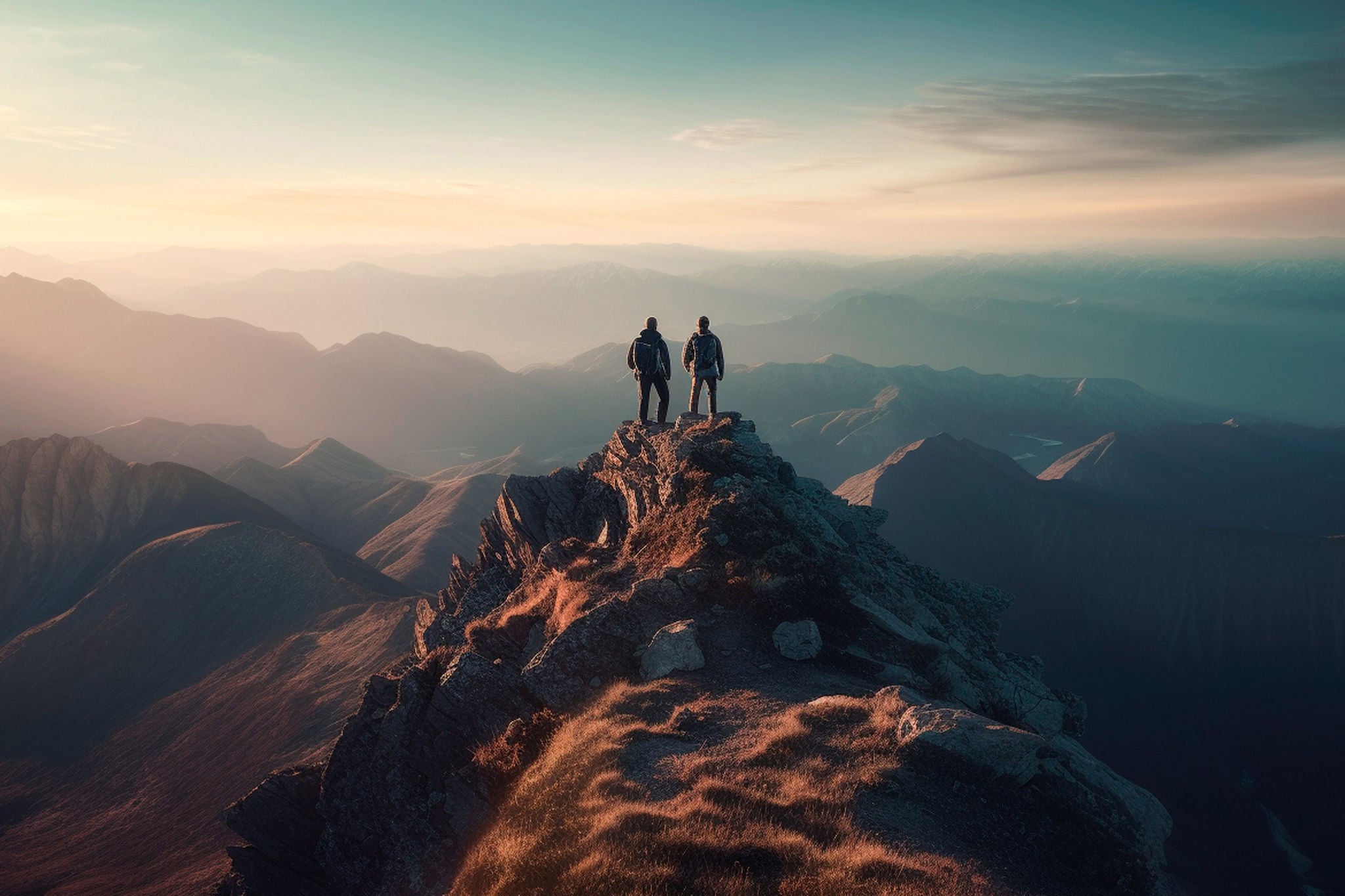 Two person on a top of mountain peak, visualization of team success. Generative AI Technology