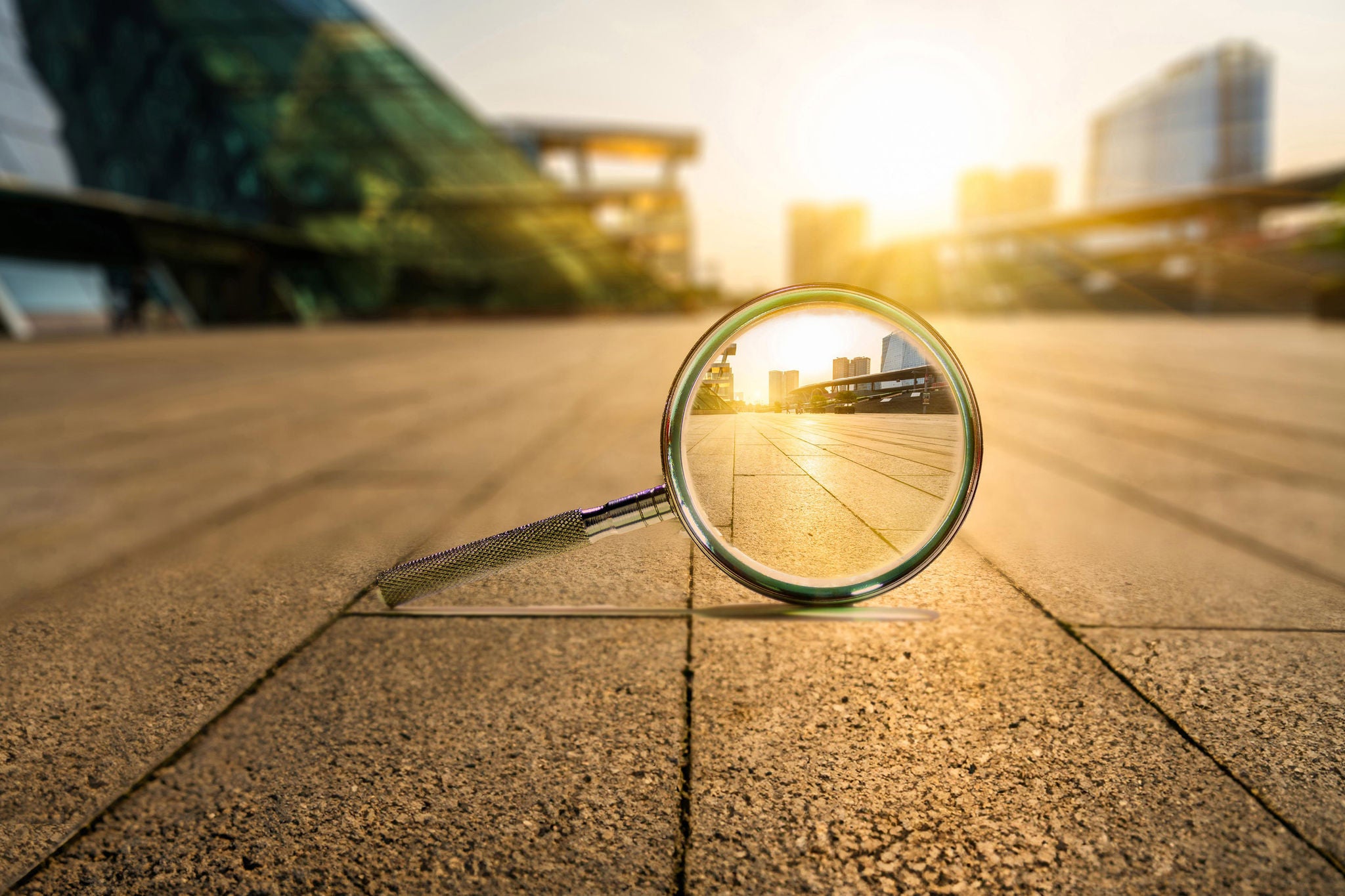 Sunset Cityscape Seen Through Magnifying Glass,Suzhou,Jiangsu province,China.