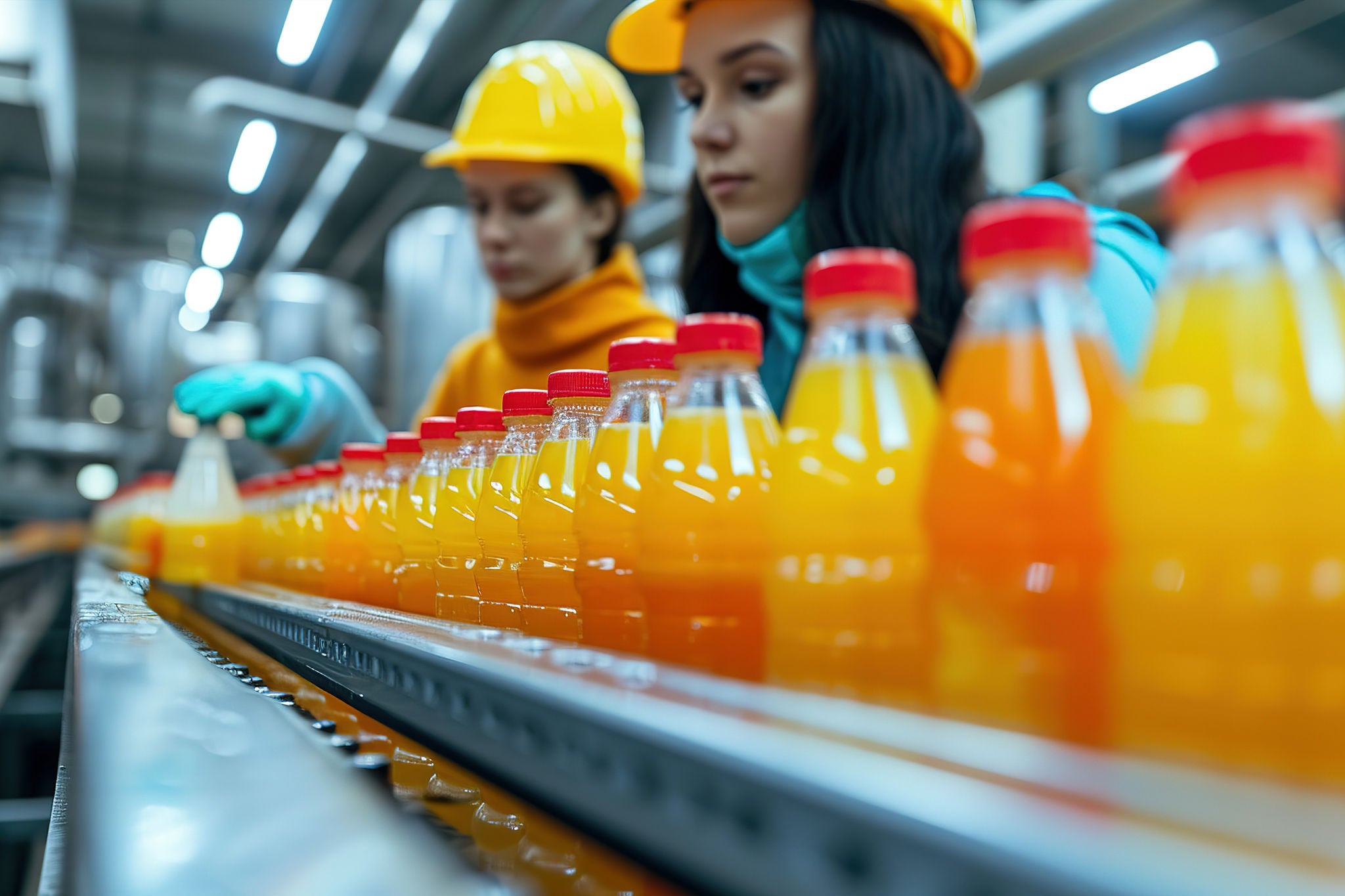 Female worker inspects bottled fruit juice on beverage factory conveyor belt for quality control