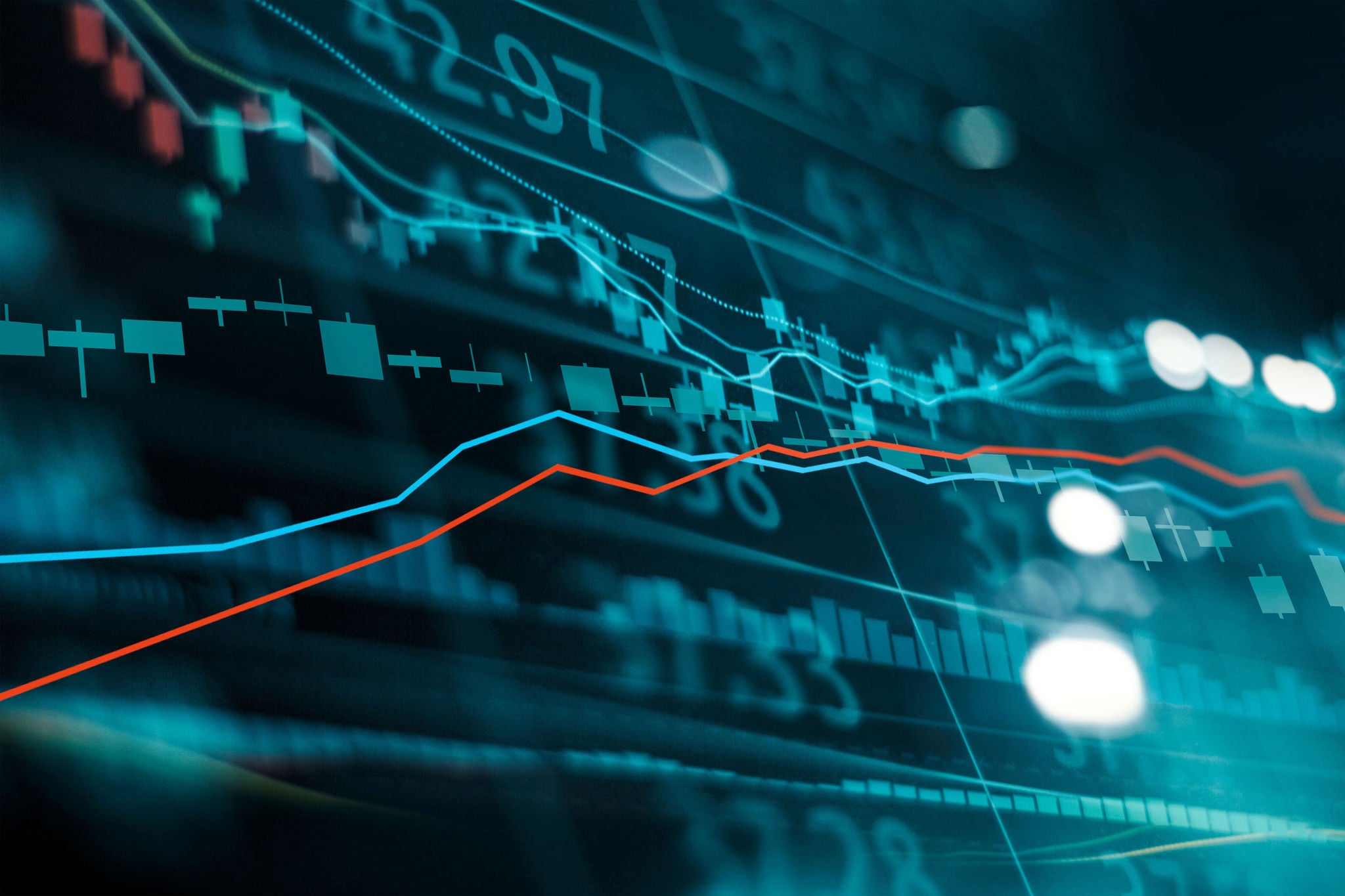 Financial stock market investment trading graph. Candle stick graph chart. Currency exchange rates. Bullish point, Bearish point. trend on technology abstract background 