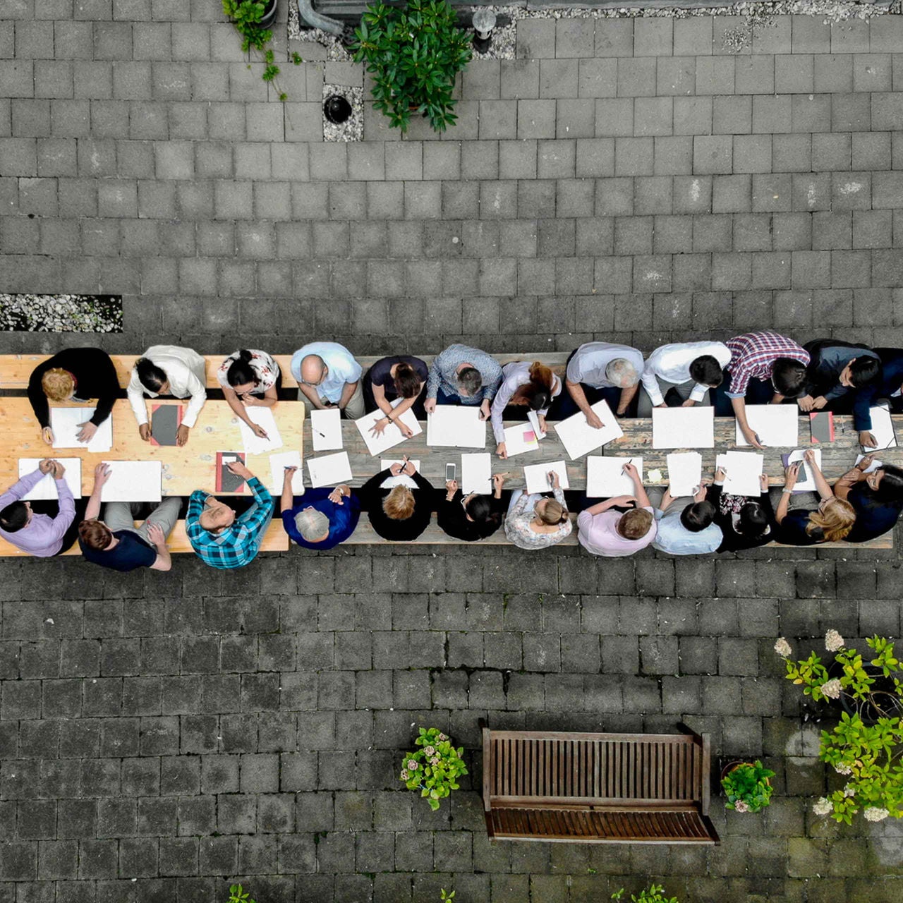 aerial courtyard table meeting