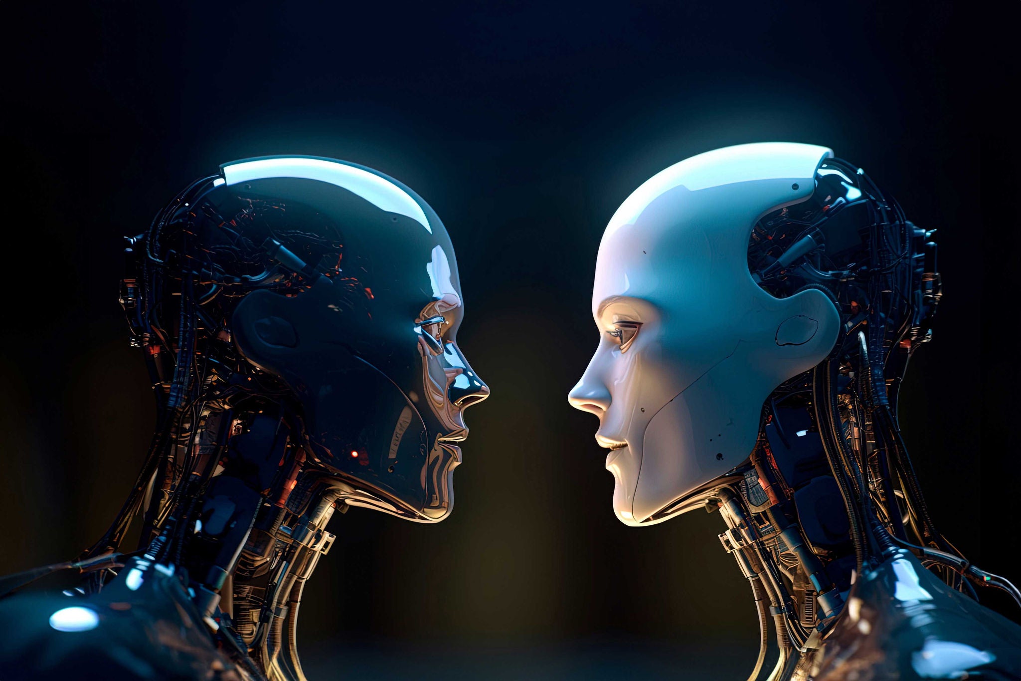 Humanoid robots facing each other, illustration; 1527443299