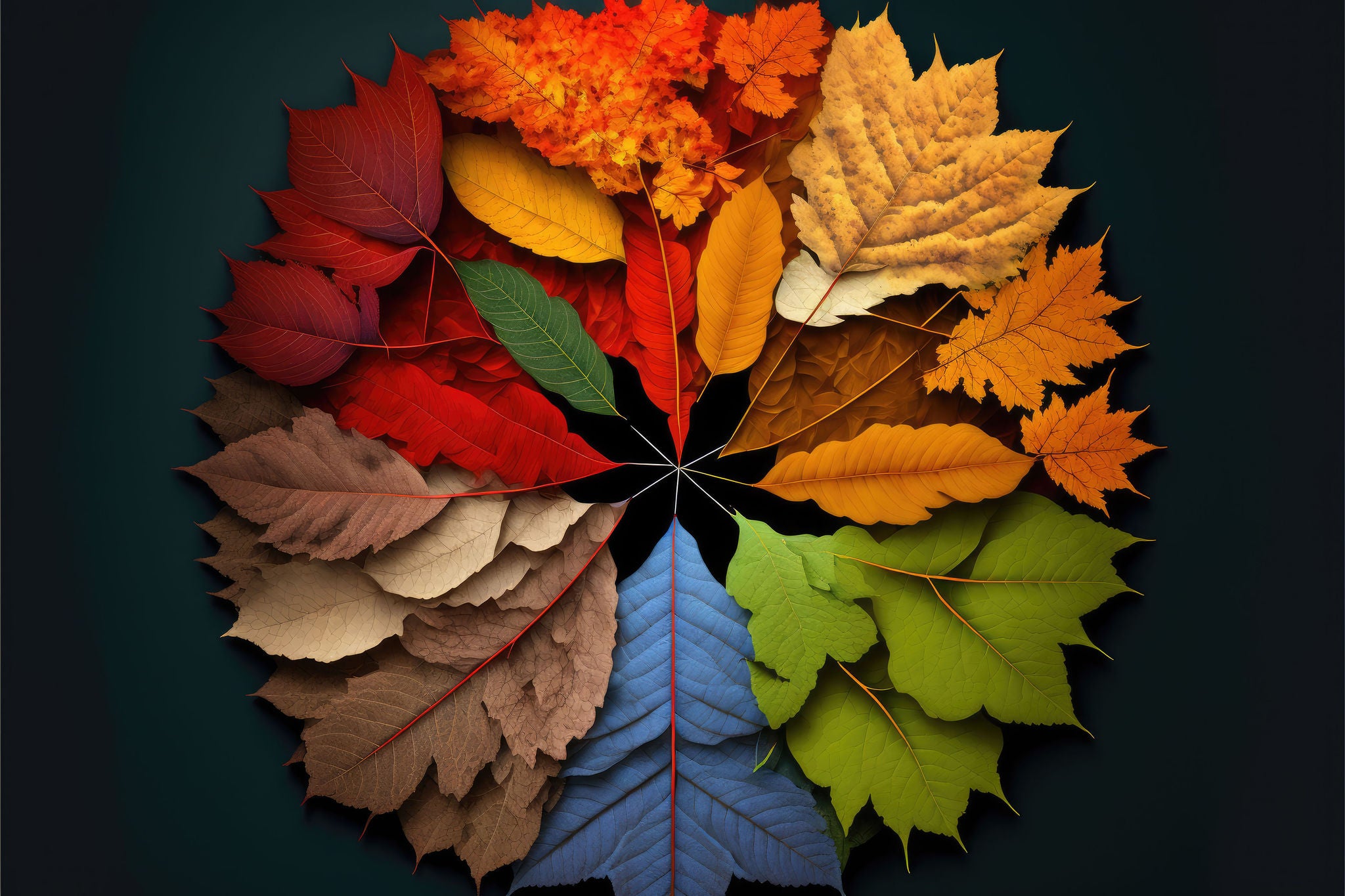 colorful autumn brown leaves, arranged in a circle. isolated. Generative AI