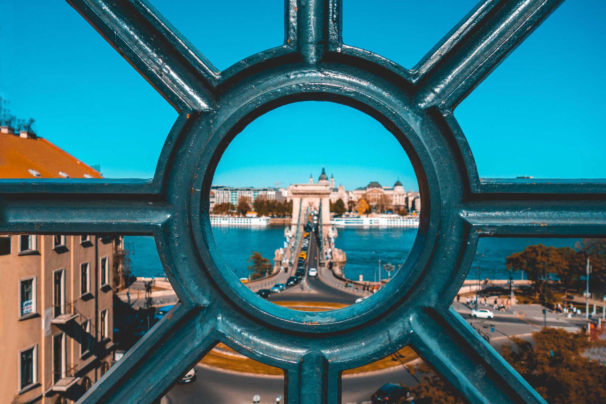 fence view to the chain bridge at budapest