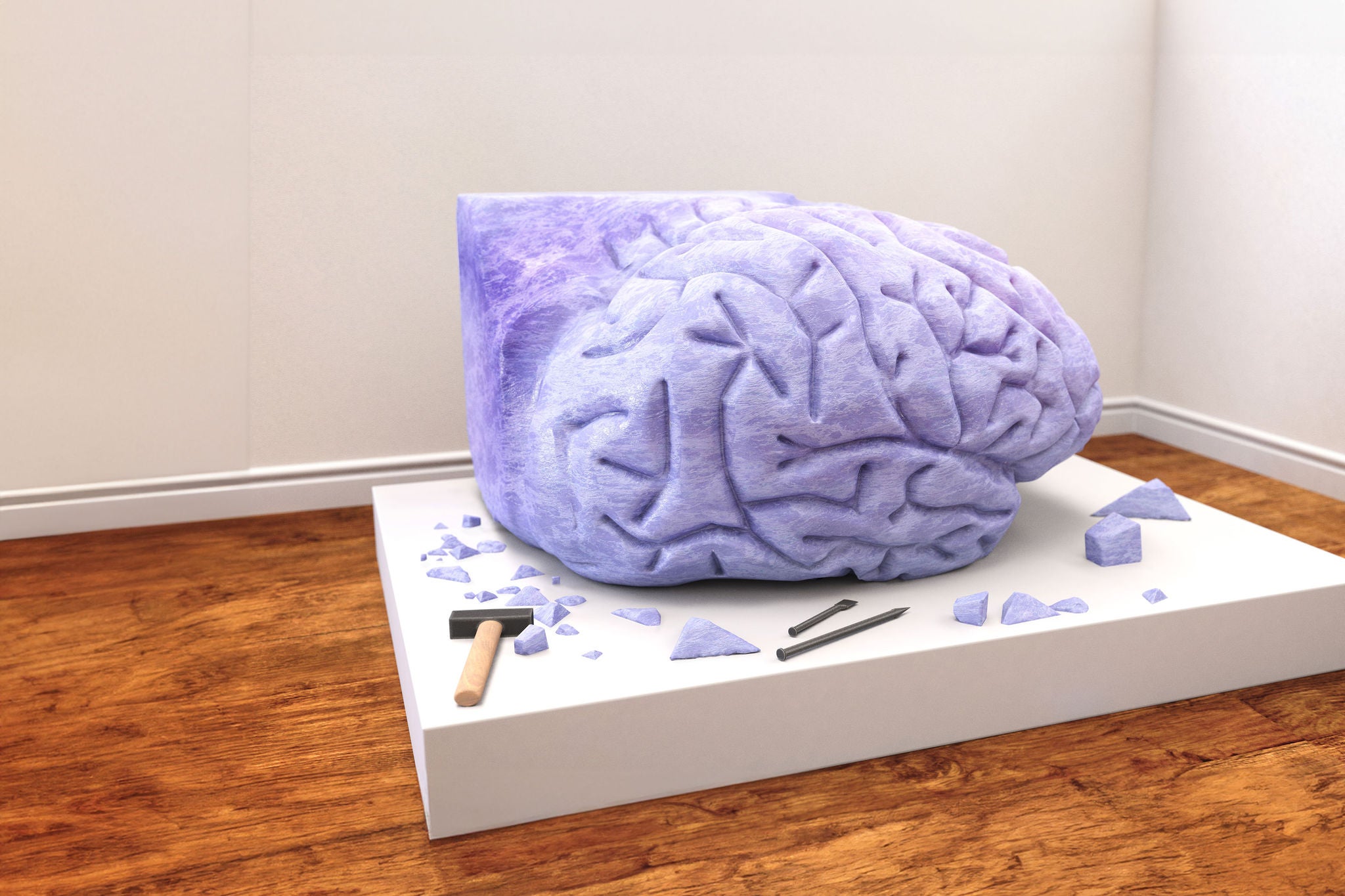 Big human brain sculpted from purple marble stone.