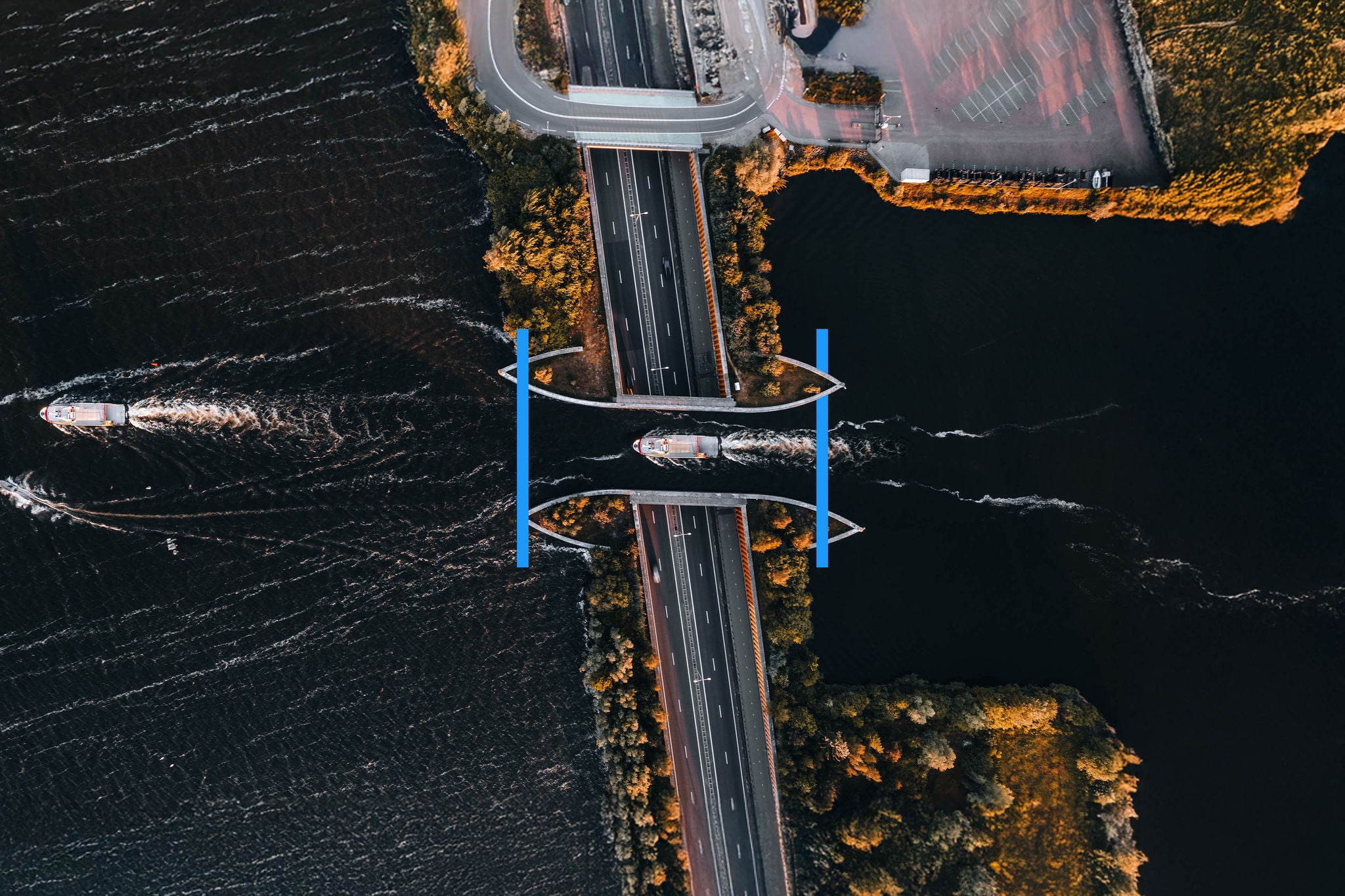 Aerial view of boat crossing aquaduct in Harderwijk, Veluwemeer The Netherlands. High quality 4k footage