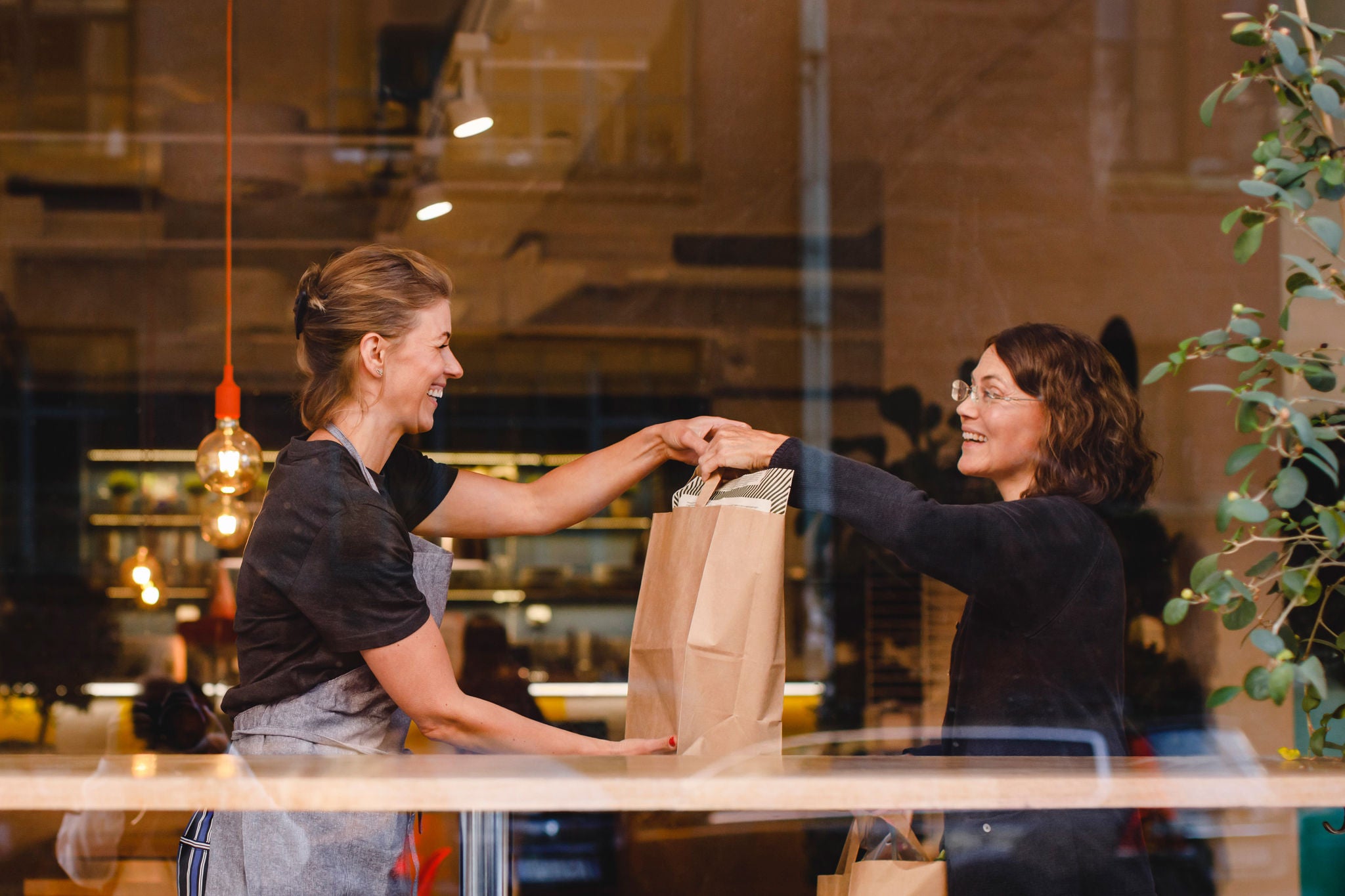 Side view of smiling saleswoman giving shopping bag to female customer