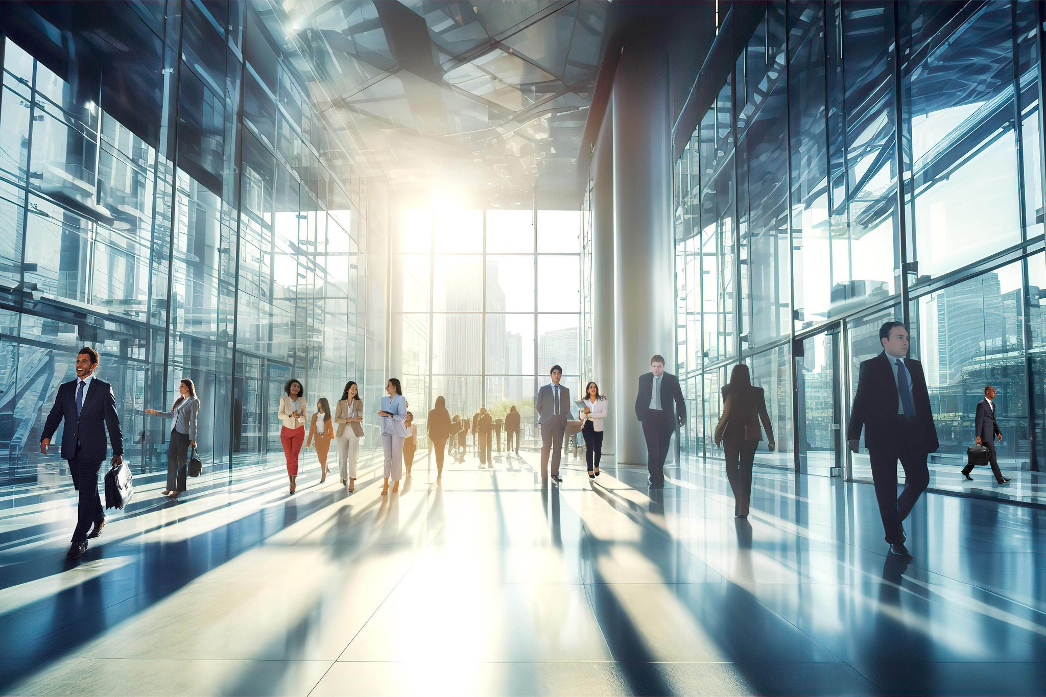 Business people walking in big glass lobby with beautiful morning sun lights reflection. Office skyscraper entrance hall