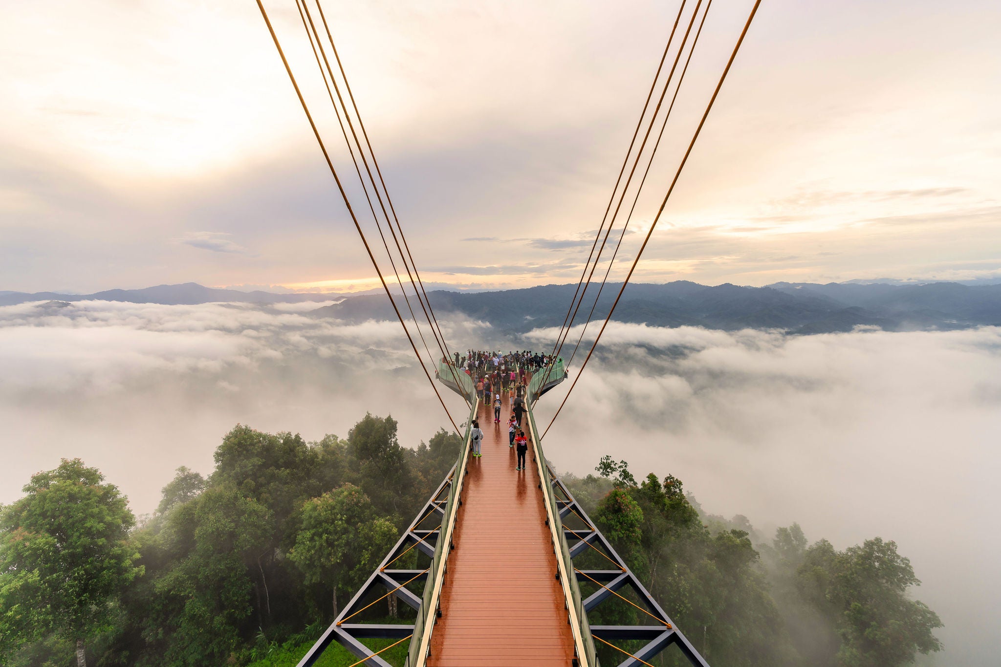 Magnificent view from the top of tower sky walk at Aiyerweng Skywalk with Fog, Betong City, Bang Lang national park, tropical rainforest Southern Thailand.