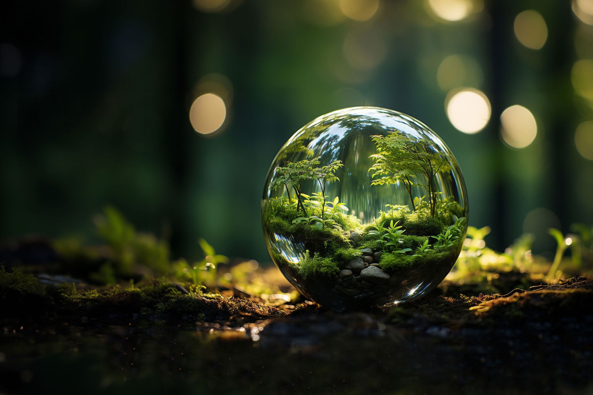 EY glass globe surrounded by forest flora