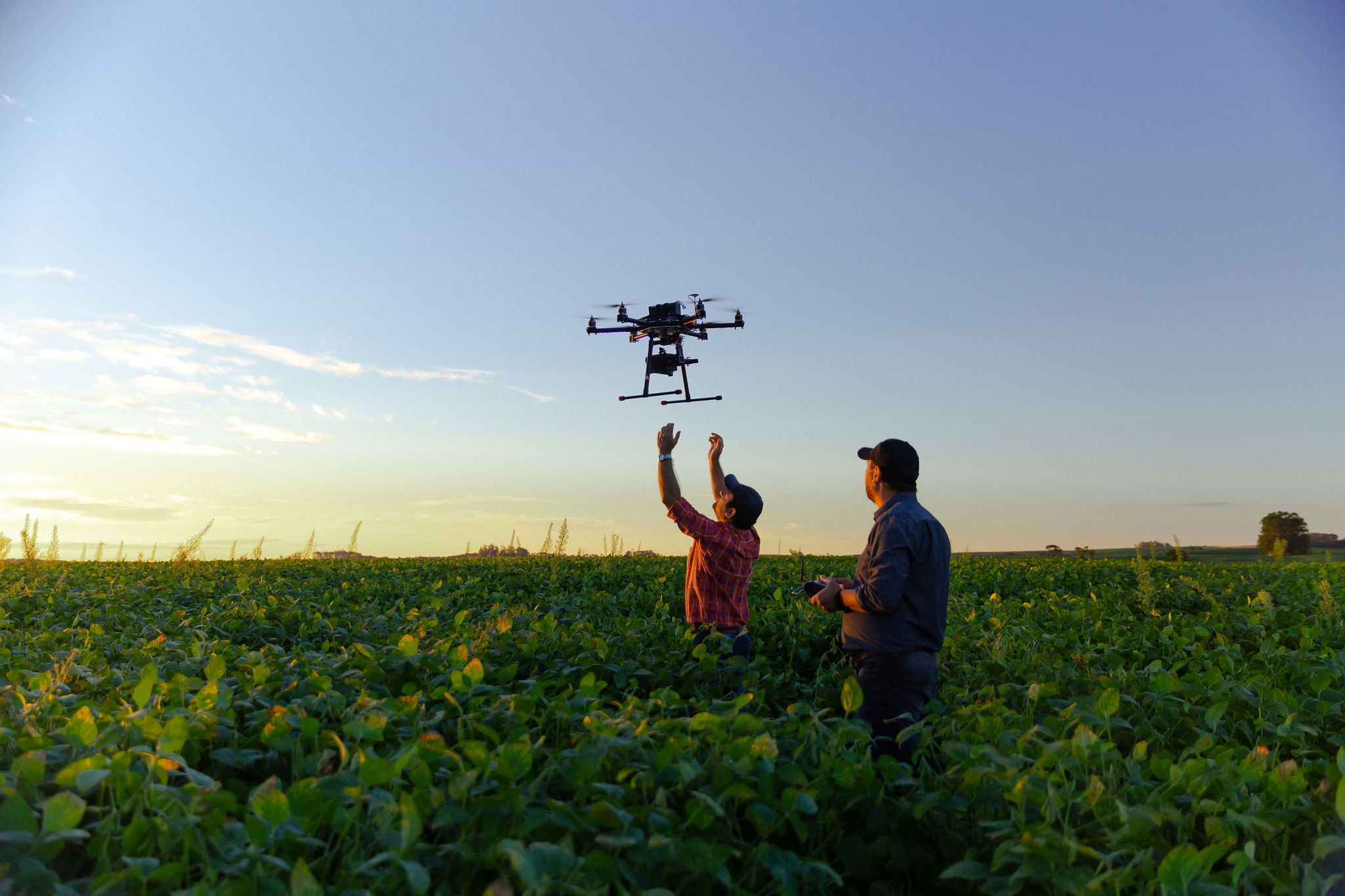 farmář na poli s létajícím dronem