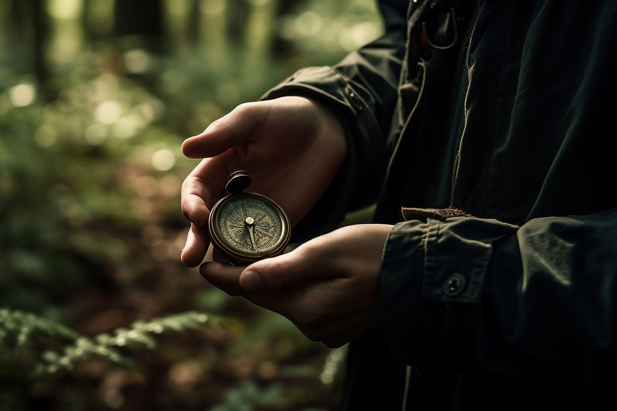 One person hiking outdoors, holding map and navigational compass generated by artificial intelligence