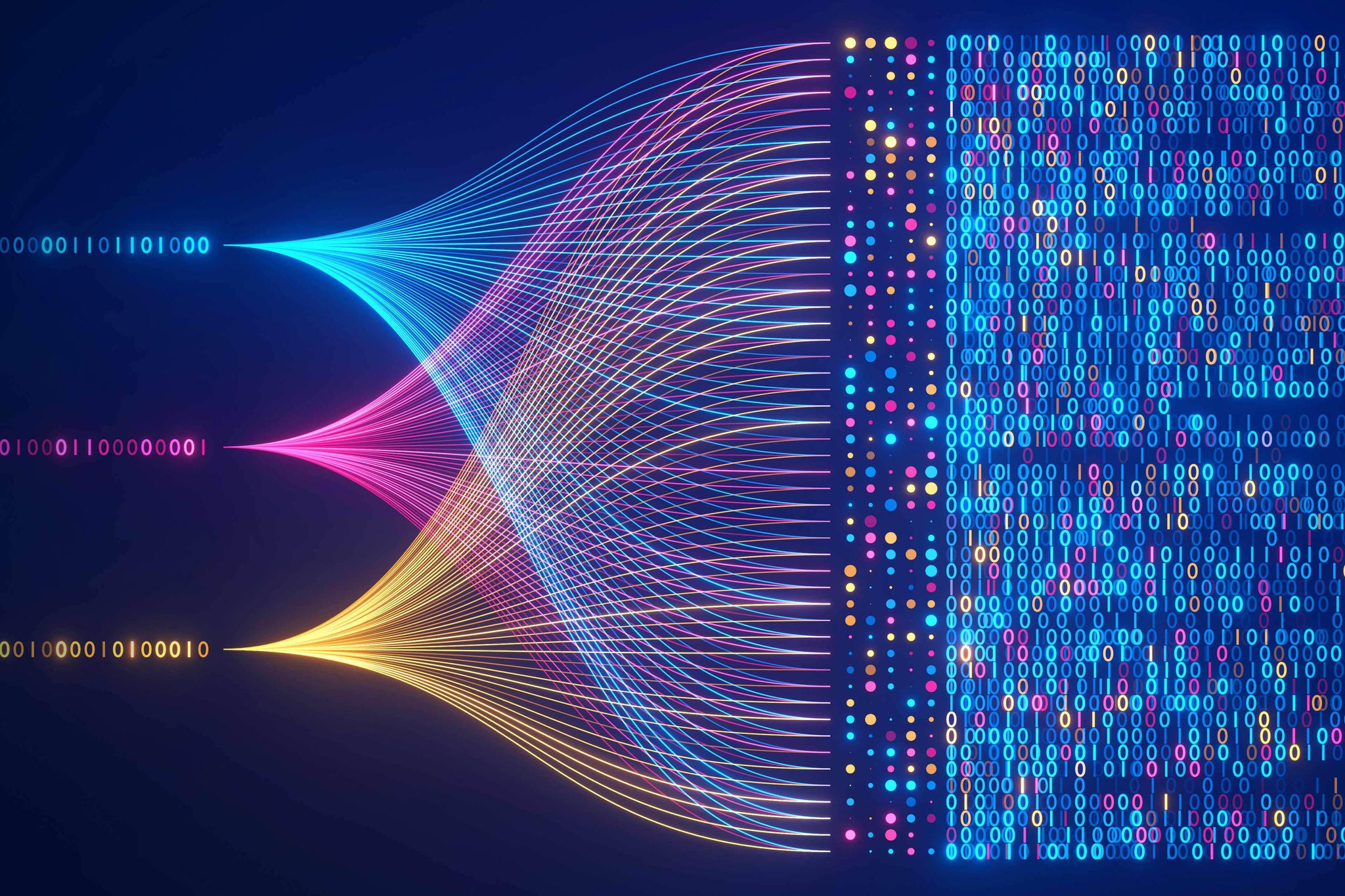 Big data technology and data science illustration. Data flow concept. Querying, analysing, visualizing complex information. Neural network for artificial intelligence. Data mining. Business analytics.