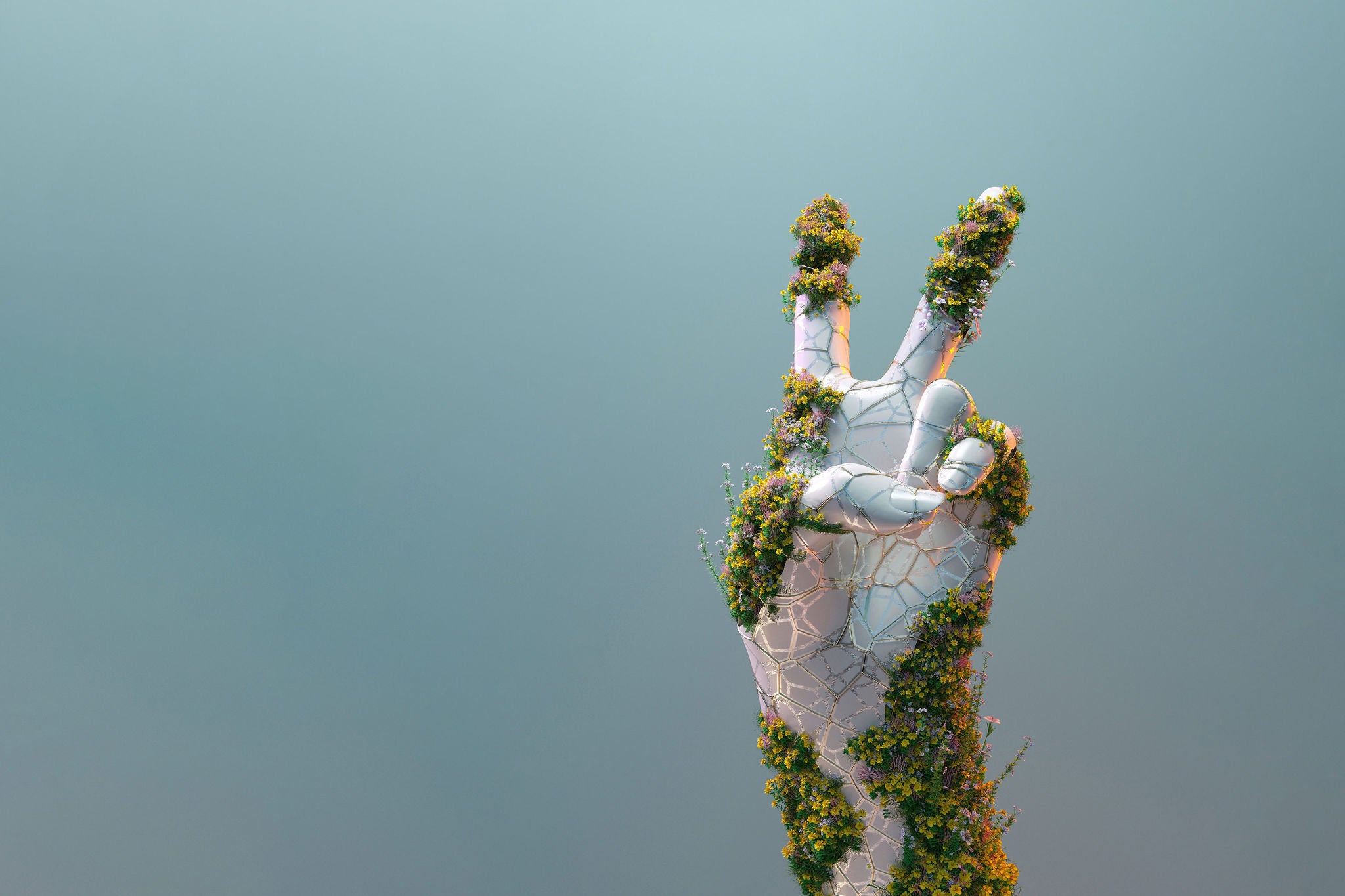 Futuristic human hand covered by flowers pattern