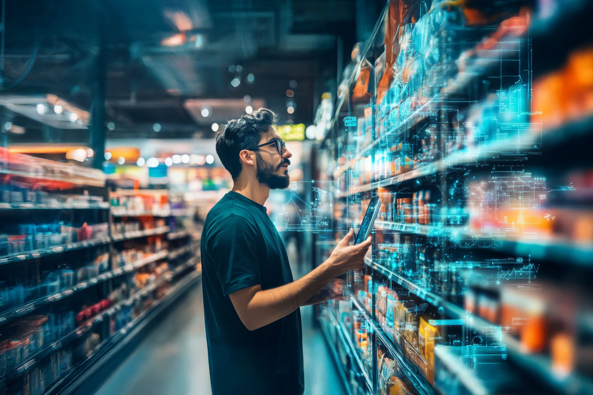 Digital transformation in retail, with smart shelves, automated checkout, and personalized customer experiences