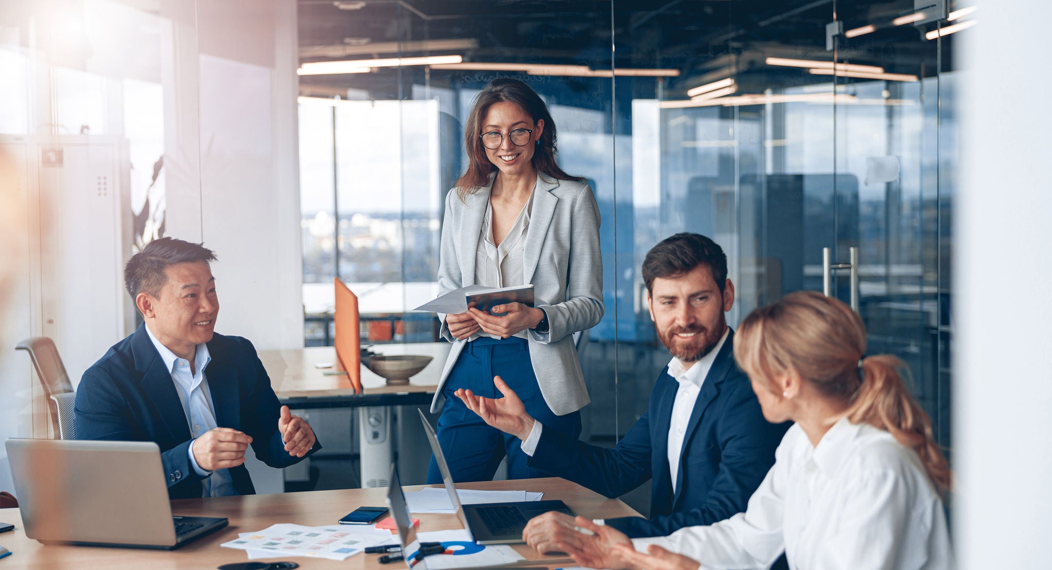 A group of business people partners during a set team meeting in the modern office.High quality 