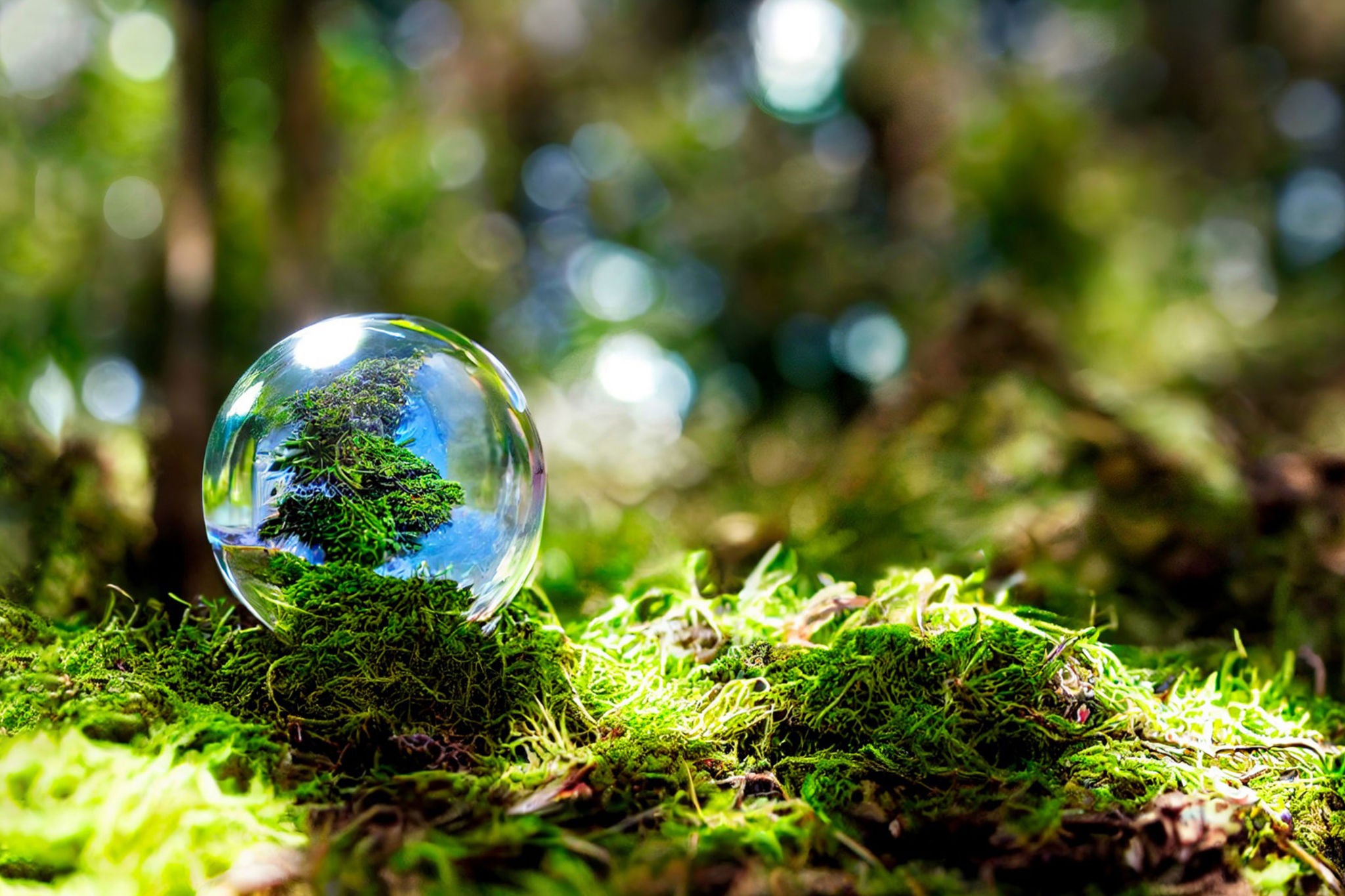 Boule de cristal sur de la mousse avec l’image floue d’une forêt en arrière‑plan