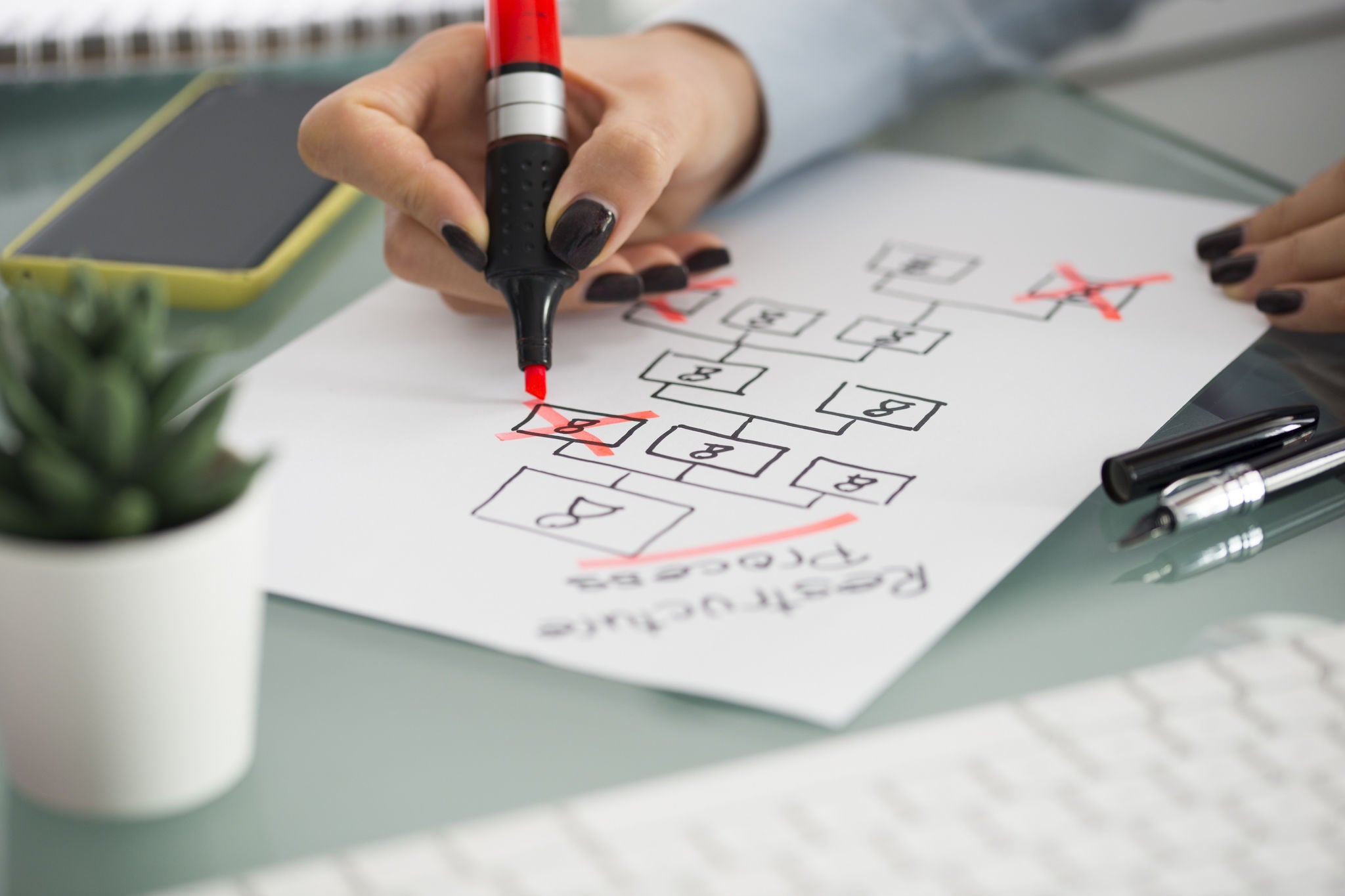 Business restructure process concept with business woman analysing company diagram