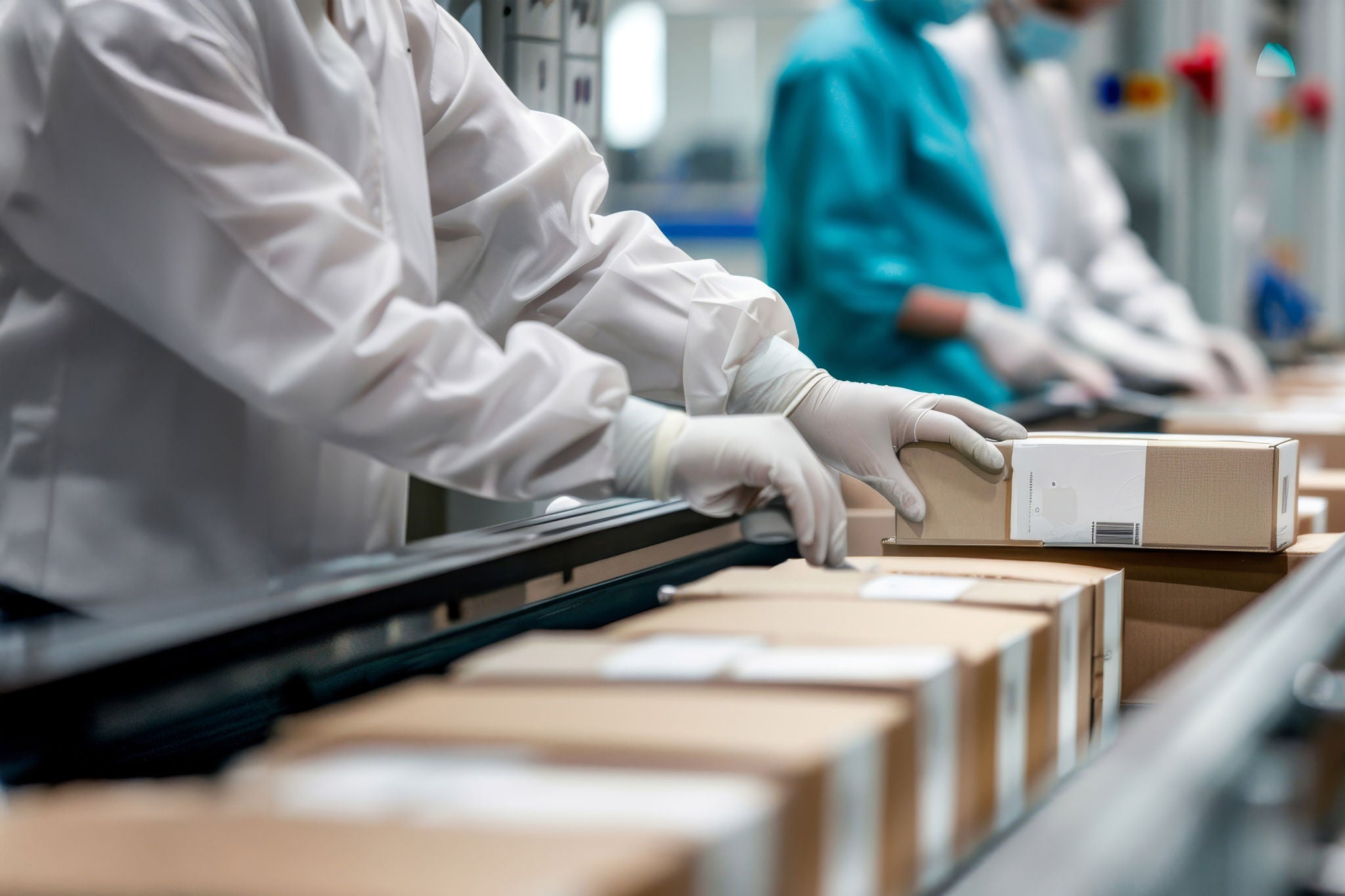 Workers hands packing medical supplies on conveyor belt in healthcare supply chain