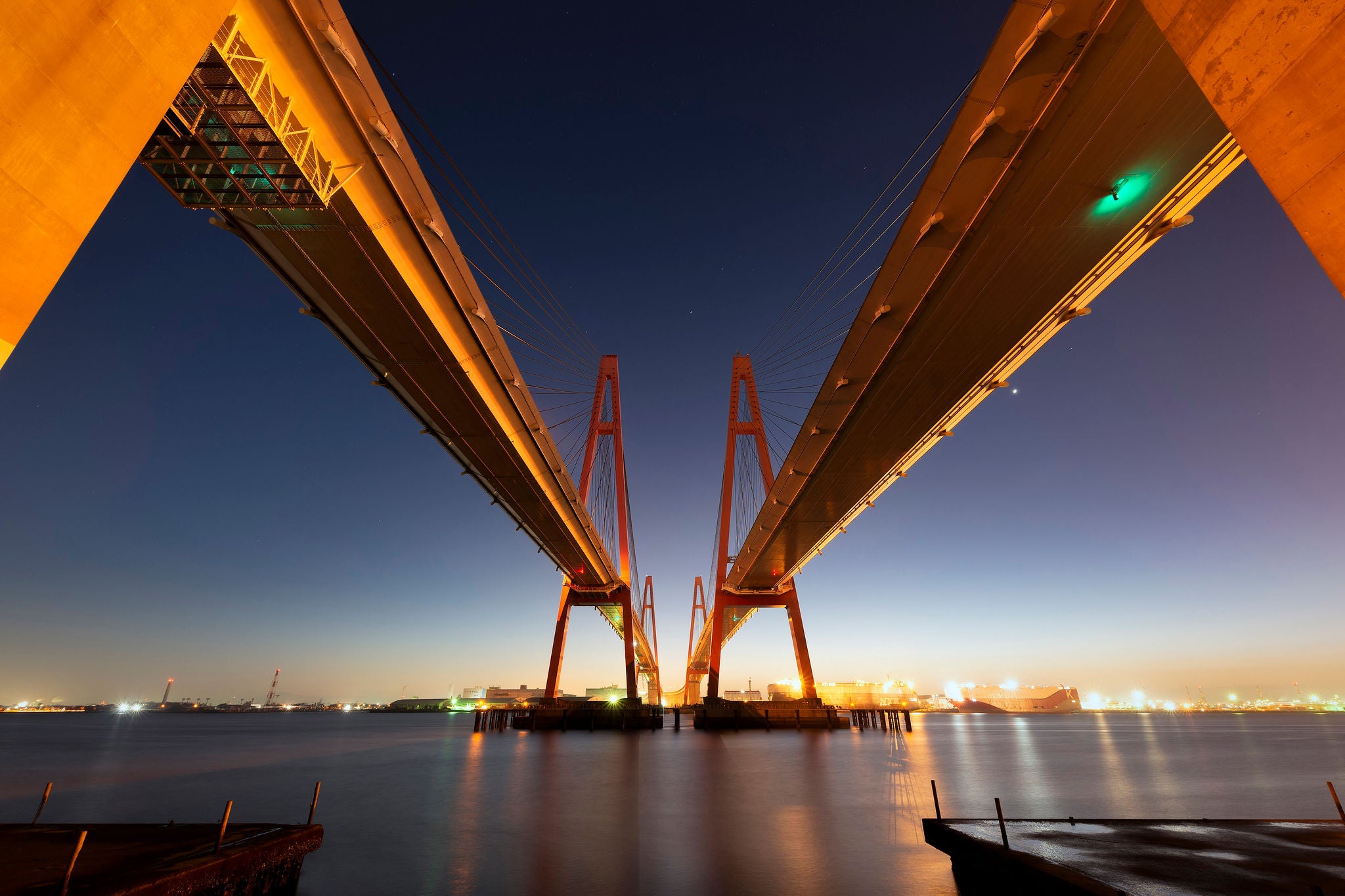 Minato-ward, Nagoya City, Aichi Prefecture, Japan - NOV 29, 2018: Meiko Nishi Ohashi Roadway Bridges (Meiko Triton) are a pair of cable-stayed bridges spanning across the Nagoya Bay.