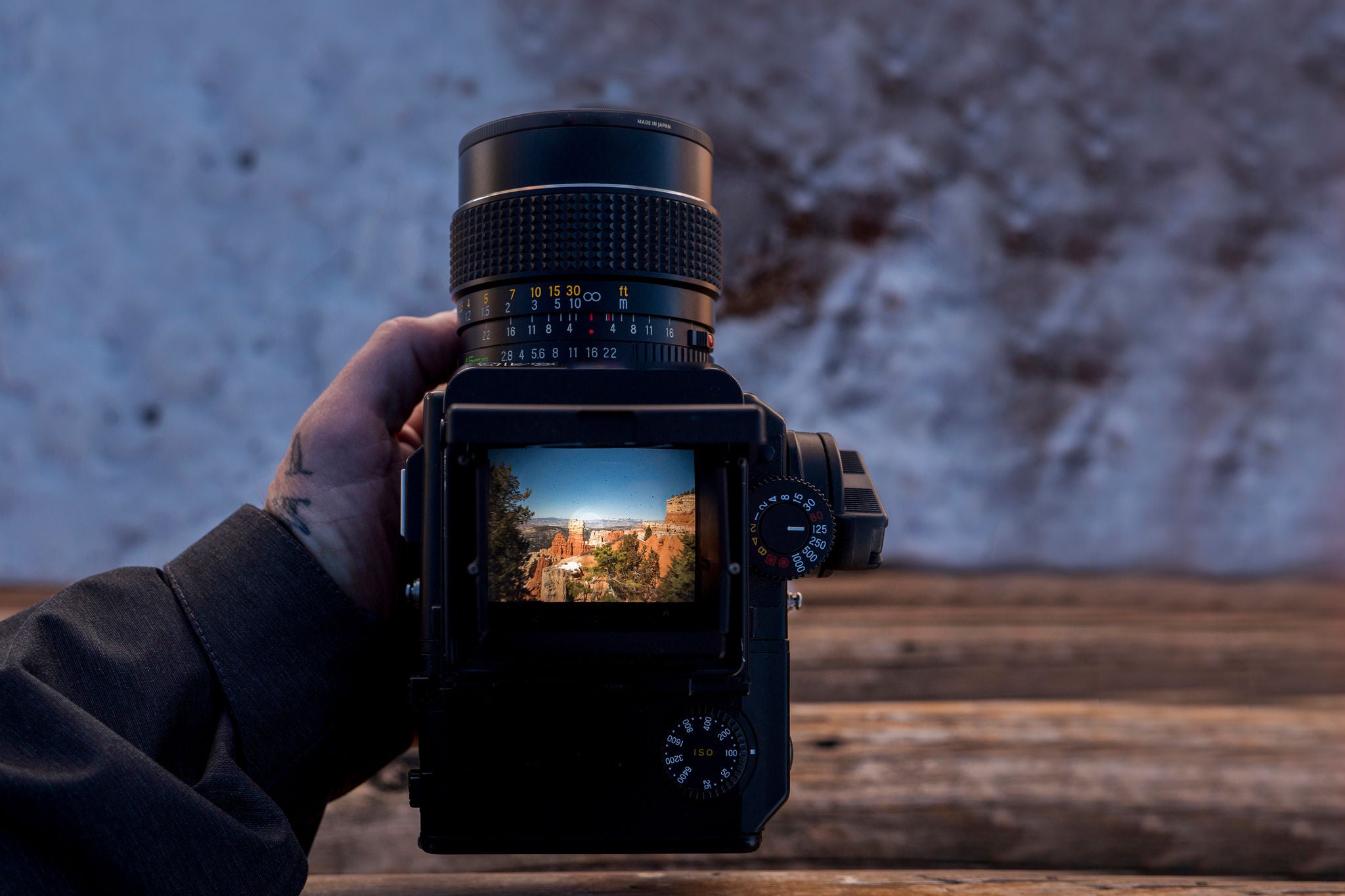 Hand holding camera displaying desert rock formations